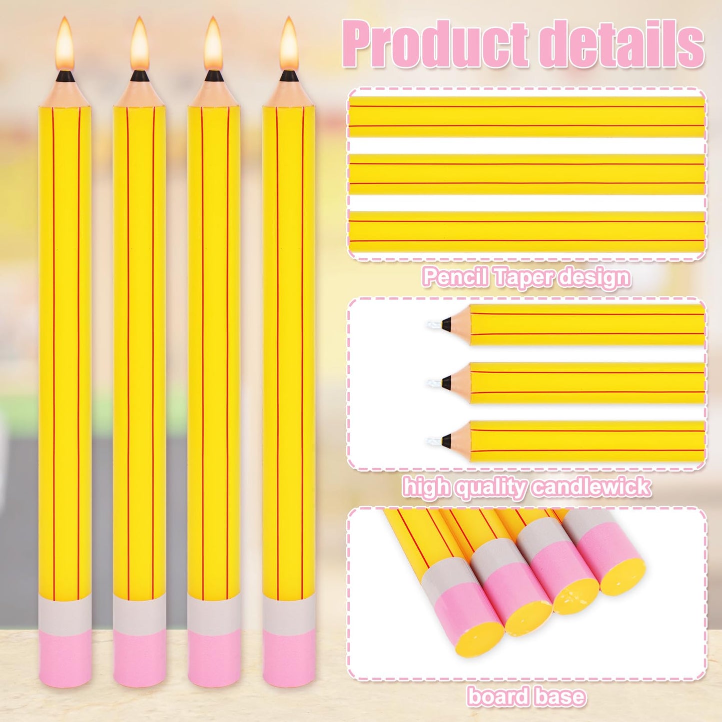 JarThenaAMCS 8Pcs Pencil Taper Candles 10 Inch Cute Pencil Unscented Candle Sticks for Back to School Classroom Home Party Table Decor