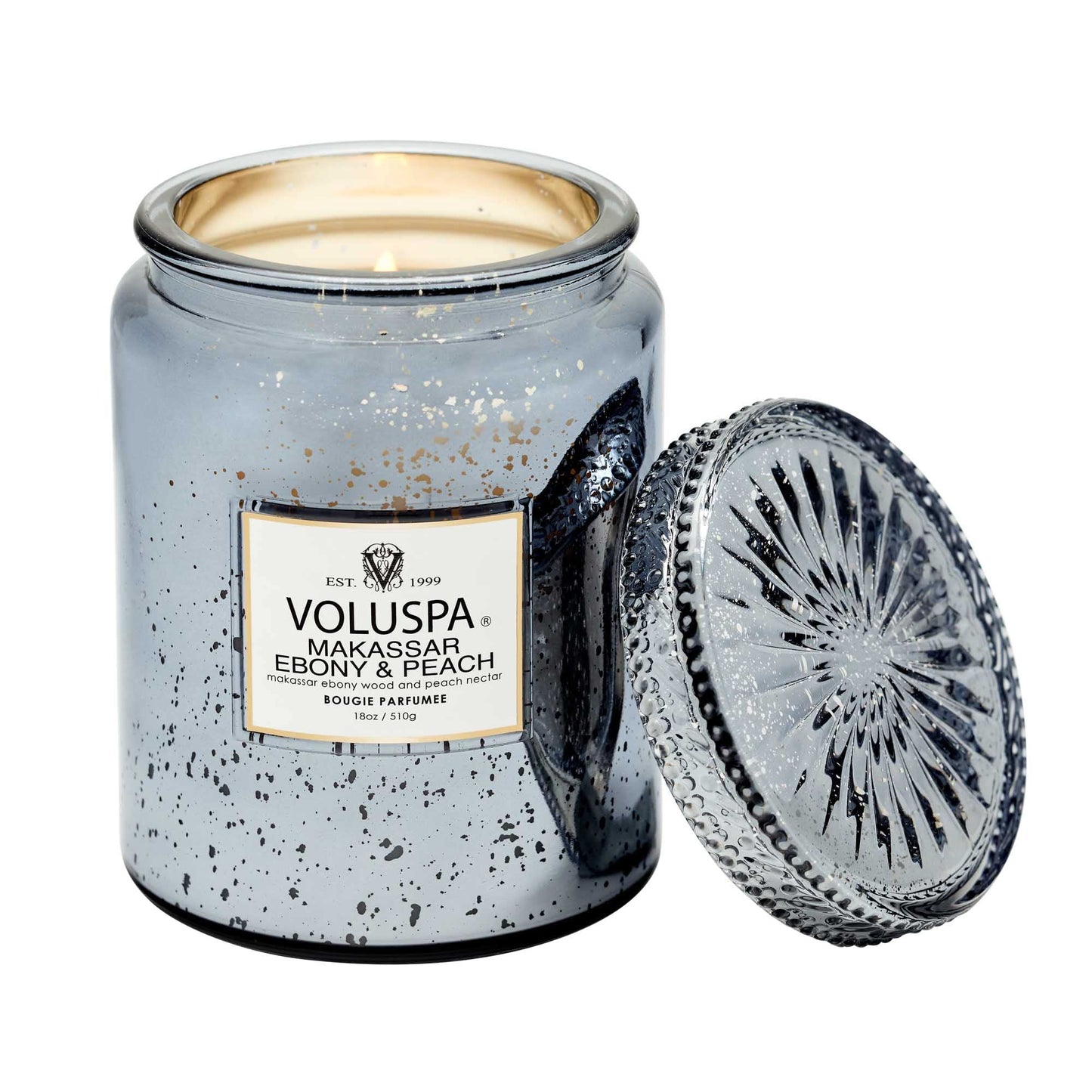 Voluspa Makassar Ebony & Peach Candle | Large Glass Jar | 18 Oz | 100 Hour Burn Time | Coconut Wax for Clean Burning |
