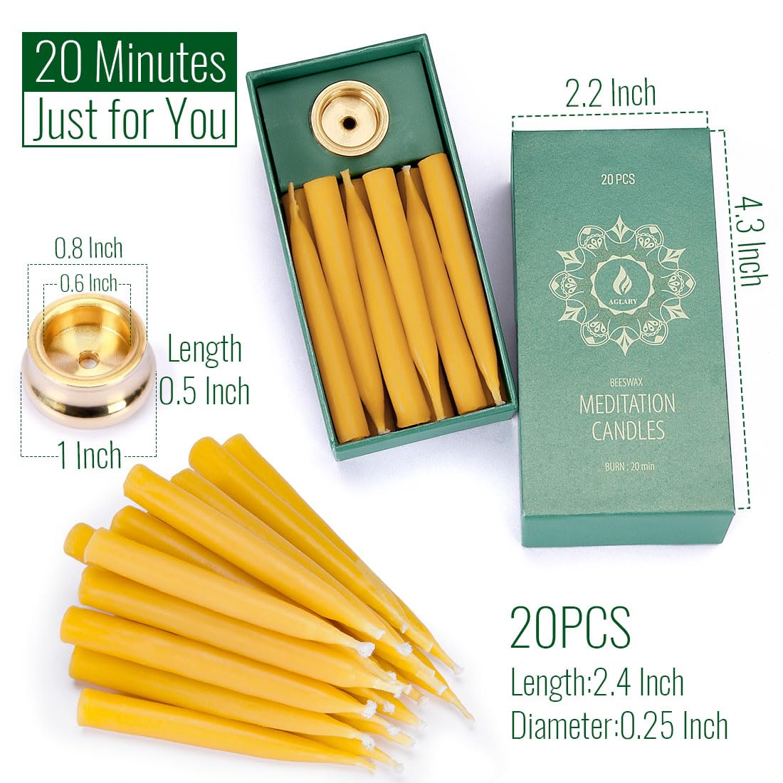 20 Minute Pure Beeswax Candles, Dripless Meditation Candles, Mini Taper Candles, Set of 20 with Brass Candle Holders.
