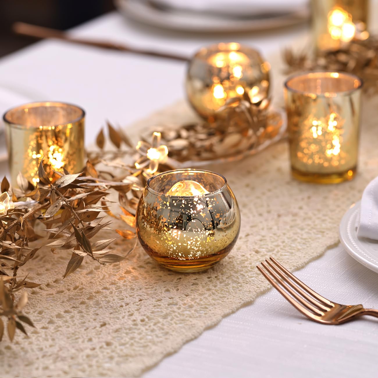 LETINE Gold Mercury Glass Votive Candle Holders - Set of 36 | Elegant Gold Tealight Candle Holders for Table Centerpieces,Spring Summer Weddings, Rehearsal Dinners, Valentine's Day Decorations