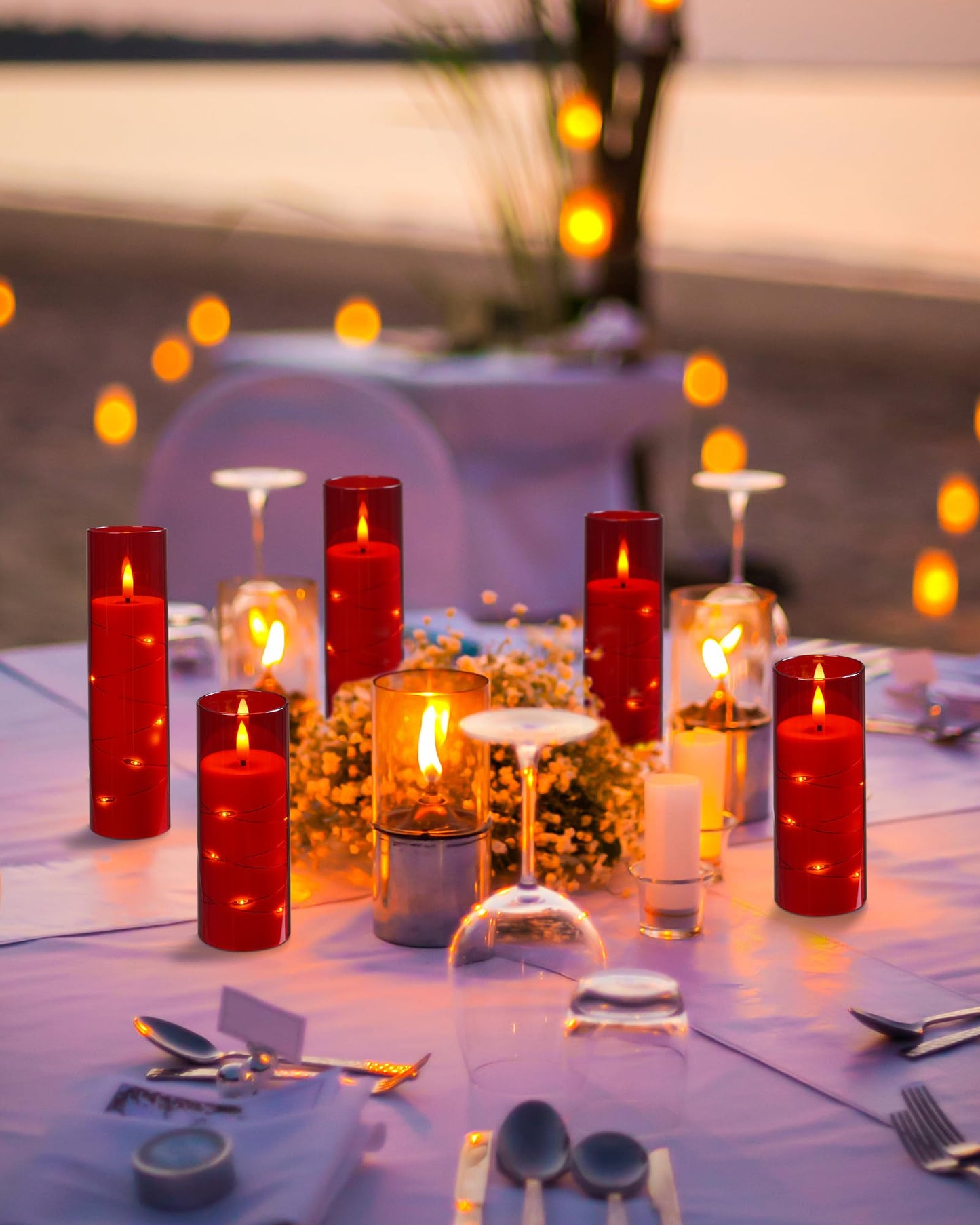 Da by 5 Pack Red Transparent Acrylic Flameless Taper Candles, Flickering Black Wick LED Candles with Copper Wire Lights, Heat Resistant ABS Candles with Remote for Indoor Outdoor Decor