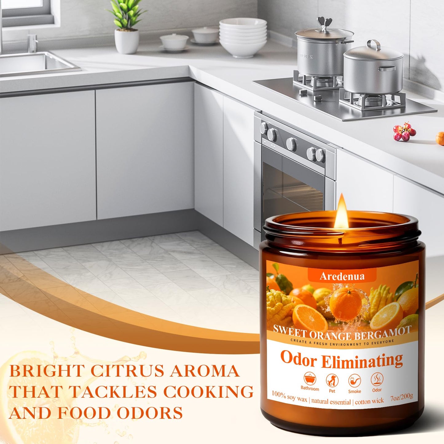 Aredenua Sweet Orange Bergamot Odor Eliminating Candle | Eliminates 95% of Pet, Smoke & Bathroom Odors | 7oz Hand Poured Non-Toxic Soy Candle | Air Freshening Scented Candle for Positive & Relaxation