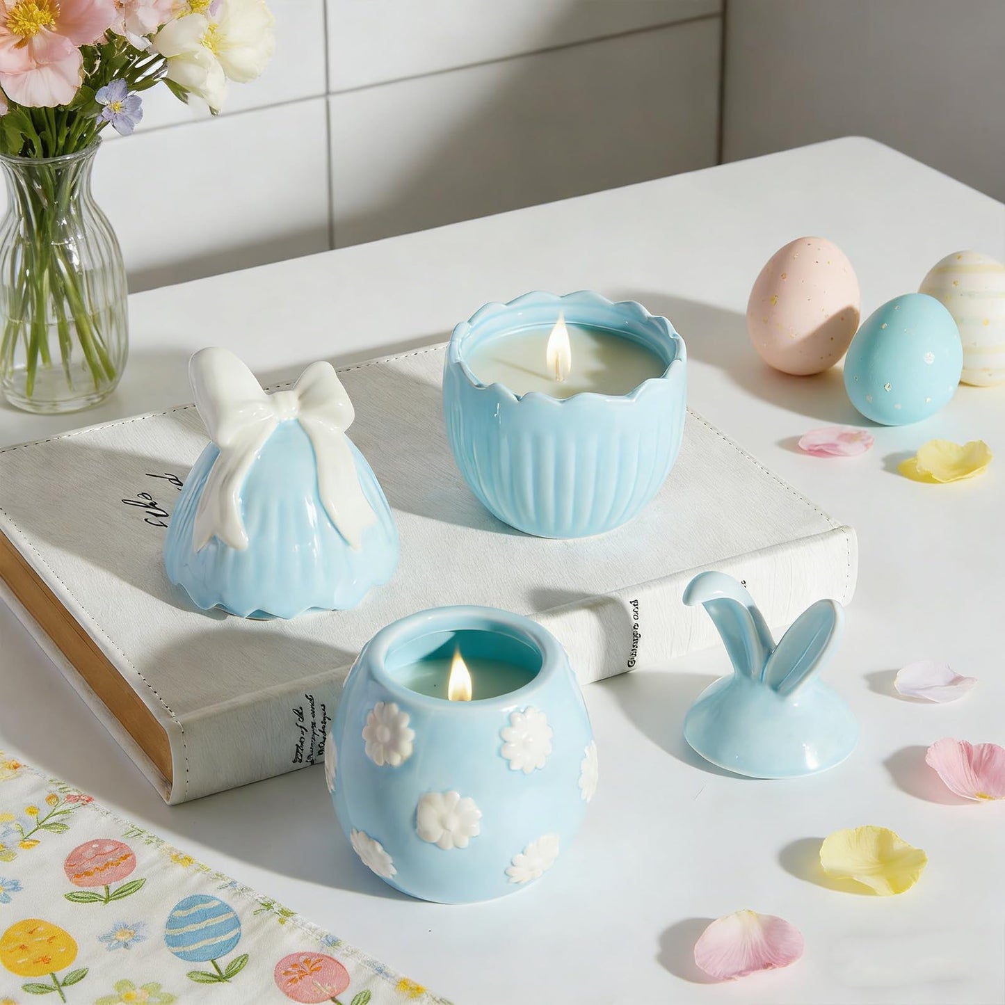 WDS WONDROUS 2-Pack Easter Bunny & Bow Ceramic Jar Candles, Egg Shaped Soy Wax Scented Candles with Daisy and Striped Design, Spring Home Decor Gift Set for Women, Blue Farmhouse Table Centerpiece