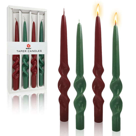FCMSHAMD Handmade Christmas Spiral Taper Candles - Unscented Long Candles Colored Wax Twisted Candle - 10 Inch Candle Sticks for Wedding Dinner Party Decoration - Set of 4(Red Green)