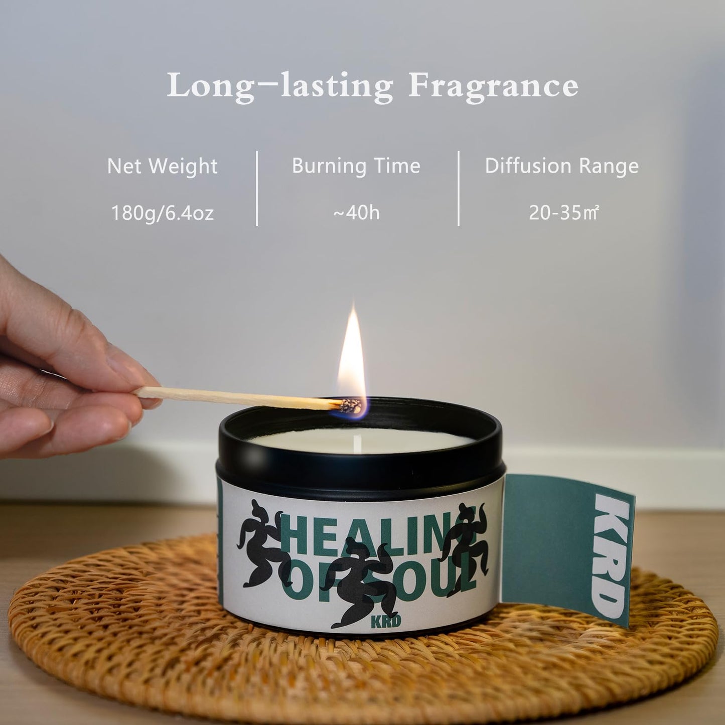 KRD Teakwood Tobacco Candle for Men, 6.4oz Smokey Masculine Scent, 42H Long Burn, Strong Coconut Soy Wax for Study