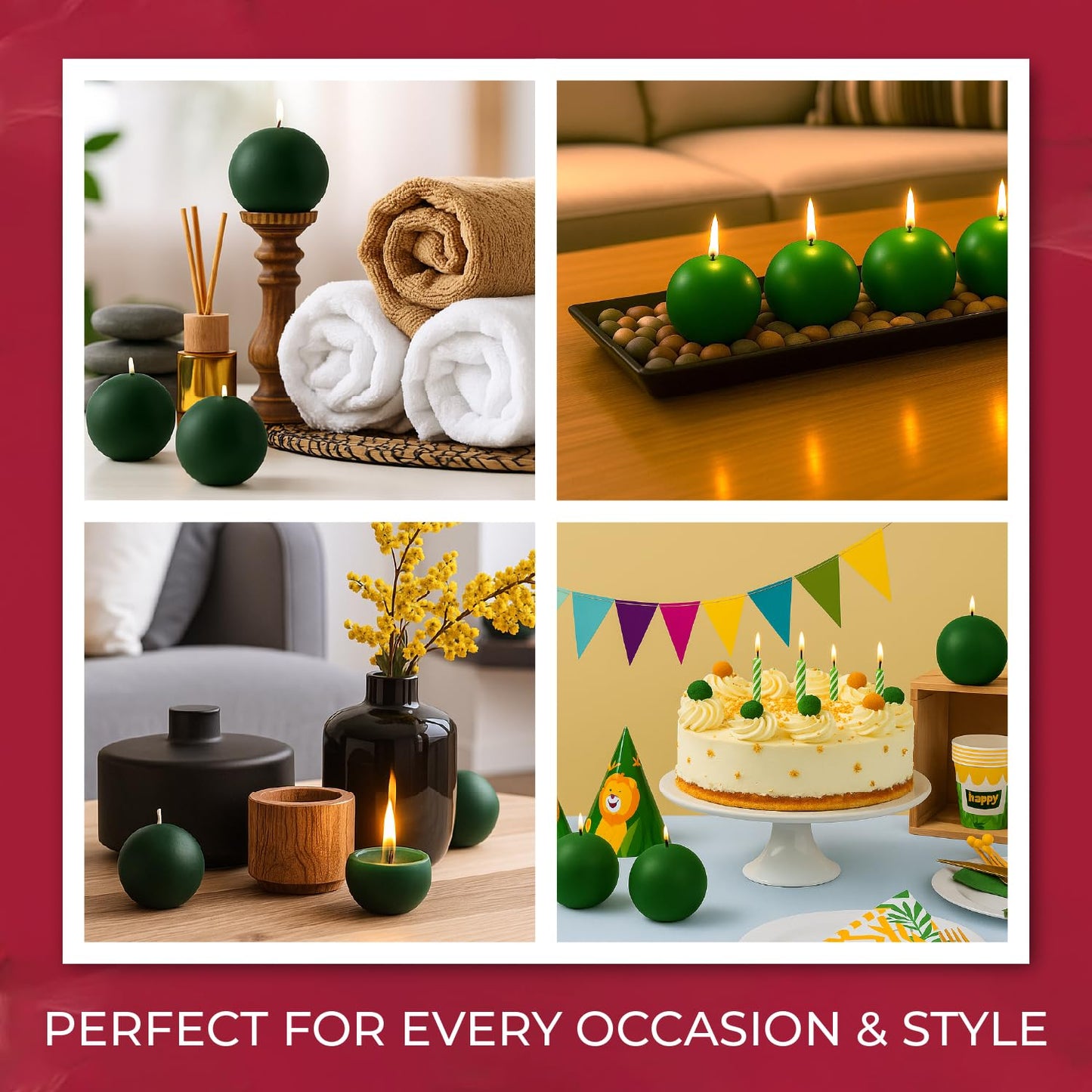 Biedermann & Sons Green Round Candles (Set of 4), Unscented Dripless Balls, 2.5" Spheres, 8 Hour Burn, Decorative Set for Events and Everyday Candlelight