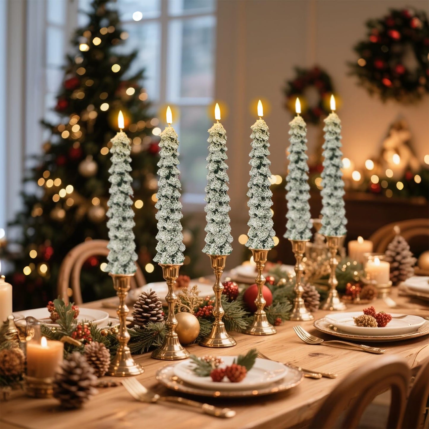 DRomance Christmas Tree Flameless Taper Candles with Remote Timer Battery Operated Flickering LED Candlesticks Real Wax Snowflake Glitters Holiday Indoor Decor(4 Pack, 0.78" D x 9.8" H)