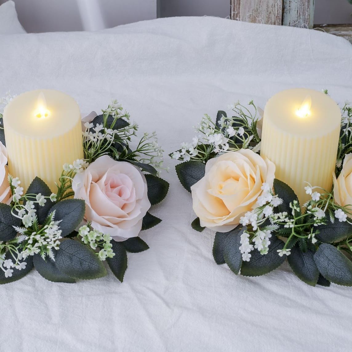 2 Pack Artificial Rose Candle Rings, Christmas Floral Wreaths with Eucalyptus Leaves Greenery Garland for Pillar Candle Lantern Wedding Centerpiece Party Home Fall Table Decor (Pink)