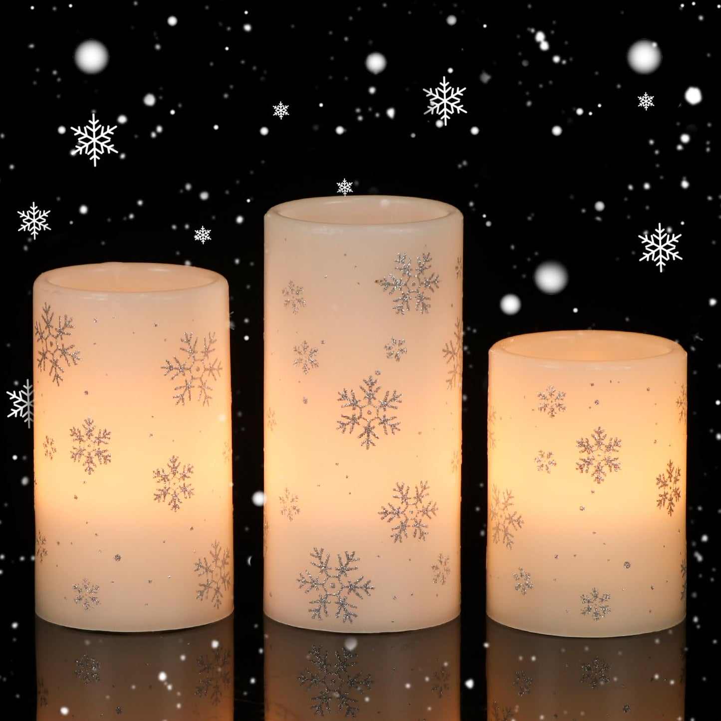 Eldnacele Christmas Flickering Flameless Candles with 6 Hour Timer, Silver Snowflake Decal Battery Operated Real Wax LED Pillar Candles Home Tabletop Holiday Decor(3Pcs,3×4/5/6 Inches)