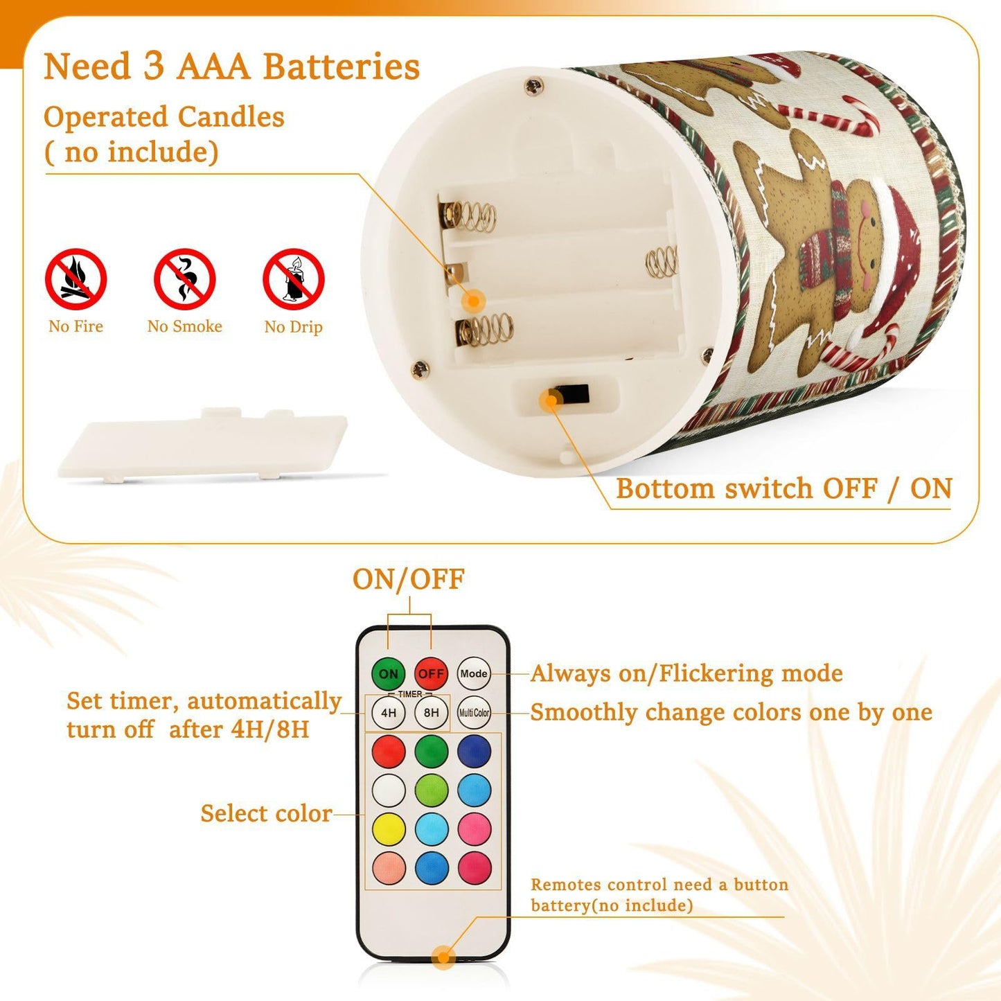 ALAZA Christmas Gingerbread Candy Cane03 Flickering Flameless Candles Battery Operated with Remote Timer,Tea Light Candles LED Pillar Votive Candles Set of 2 for Outdoor Indoor Decorations