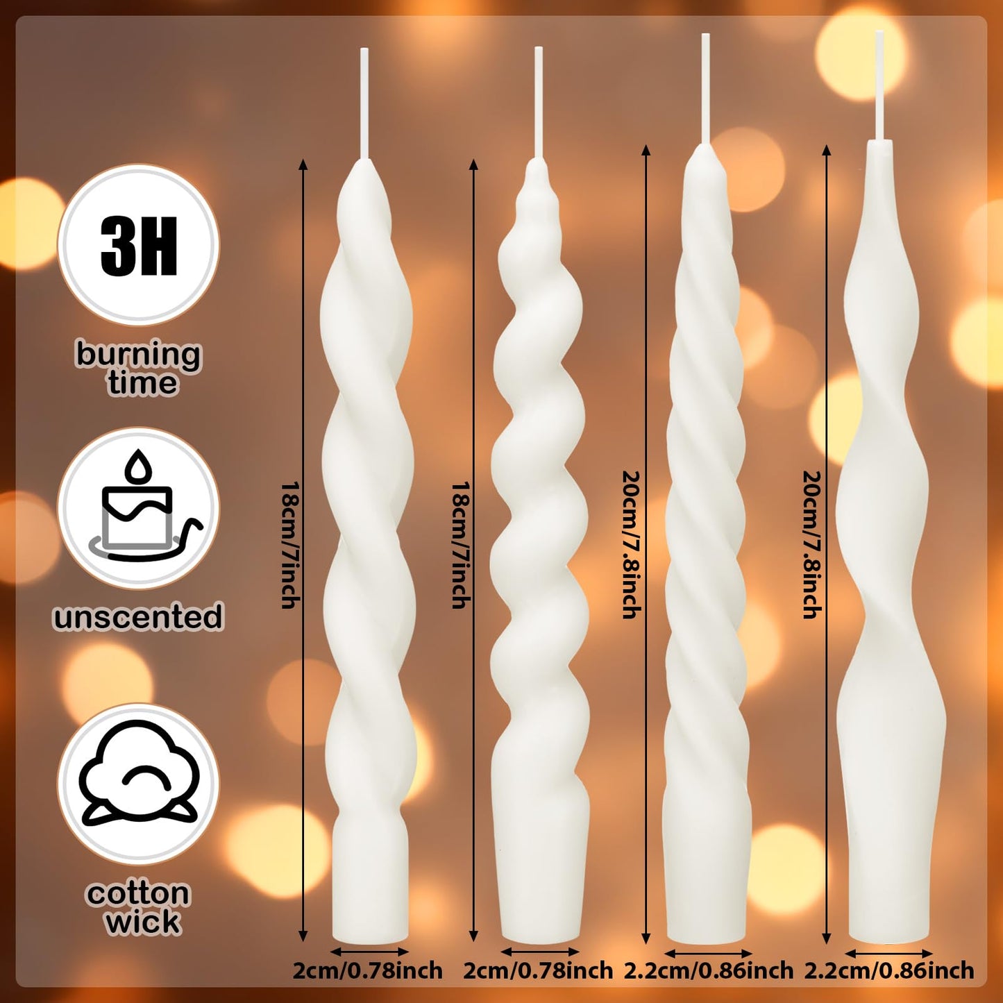 Nuanchu 4 Pcs Twisted Taper Candles Wax Unscented Smokeless Spiral Swirl Candlesticks for Wedding Holiday Dinner Party Home Decorations(7.87 Inch,Pure,White)