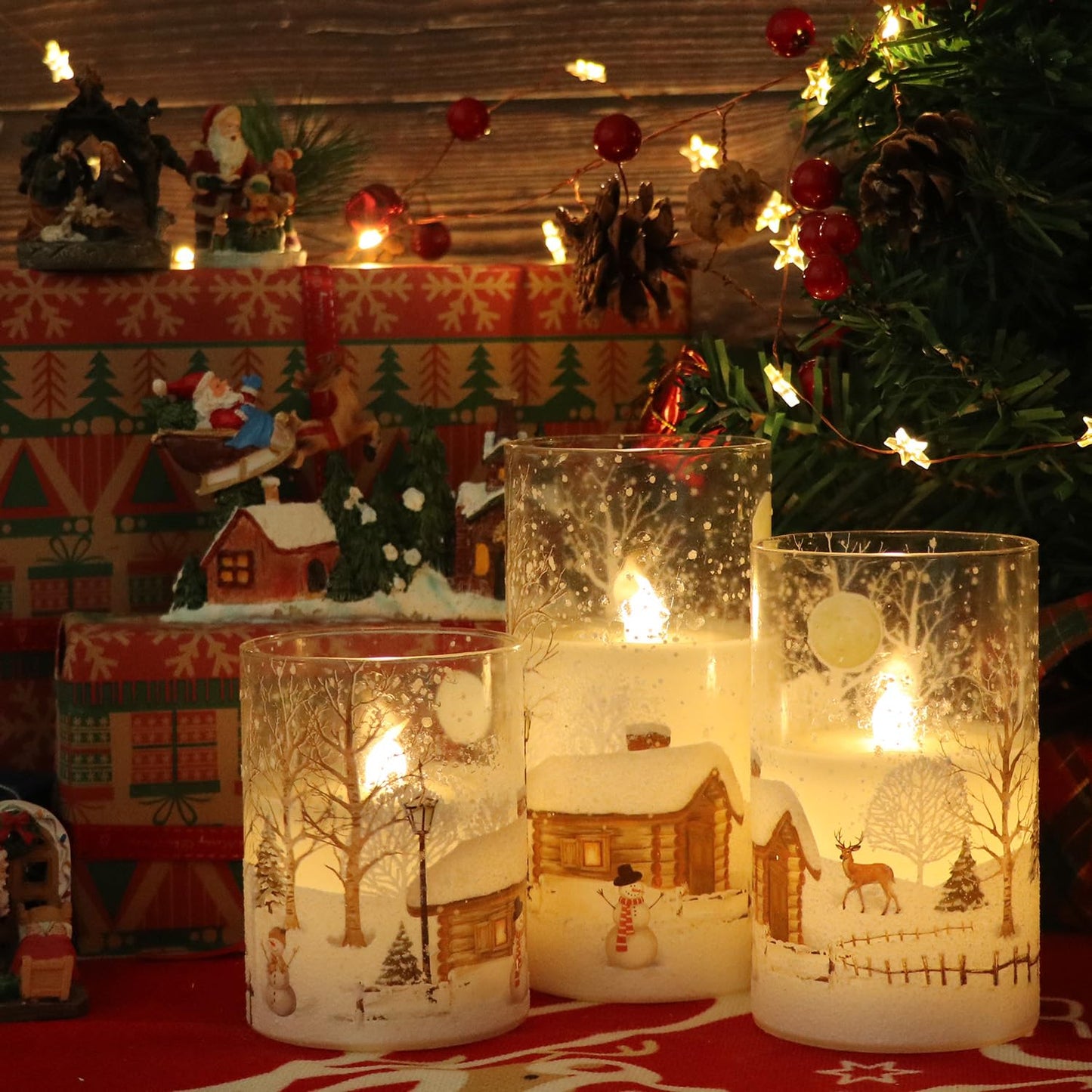 Wondise Snowman Glass Flameless Candles with Remote and Timer, Battery Operated Real Wax LED Flickering LED Candles White Cold Light Window Christmas Holiday Decor D3 x 4",5",6"