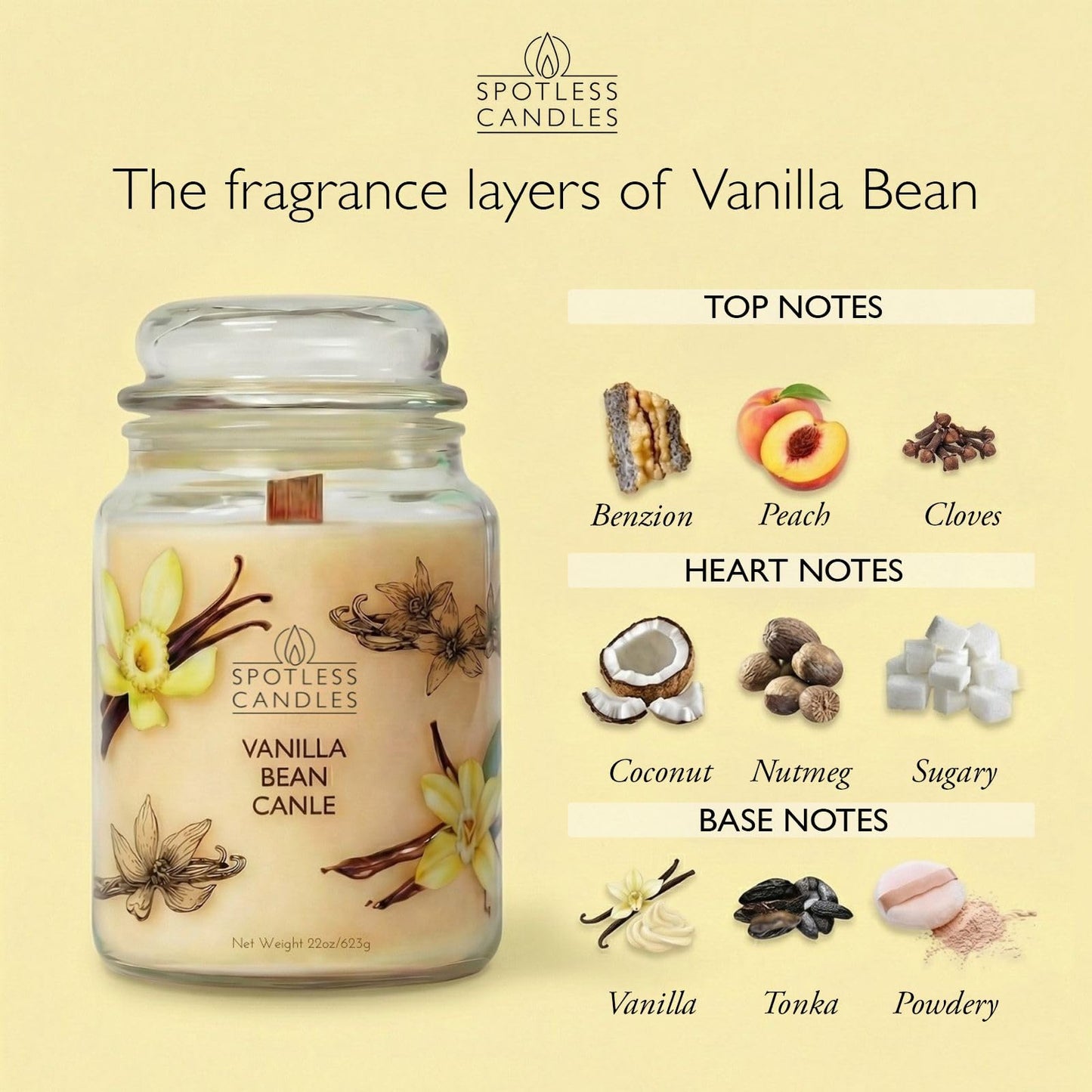 Vanilla Bean Candle 22oz: Upto 130 Hours Burn Time, Crackling Wooden Wick in Large Candle Jar with a Luxury Gift Box & Protective Shipper, Scented Candle by Spotless Candles