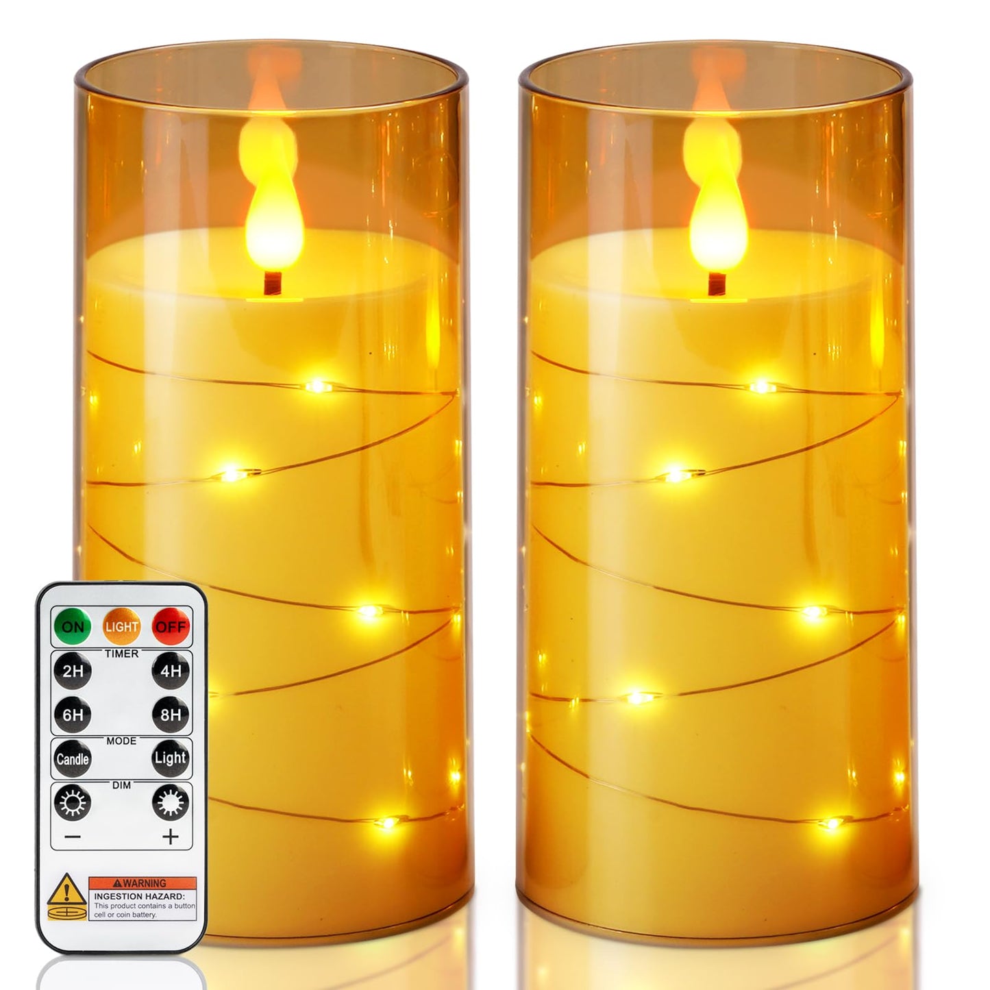 Homemory Flameless Candles with Embedded Star String Fairy Lights, Battery Operated Candles, LED Candle, Fake Candles with Remote Control and Timer, Gold, Set of 2(H 6" 6")