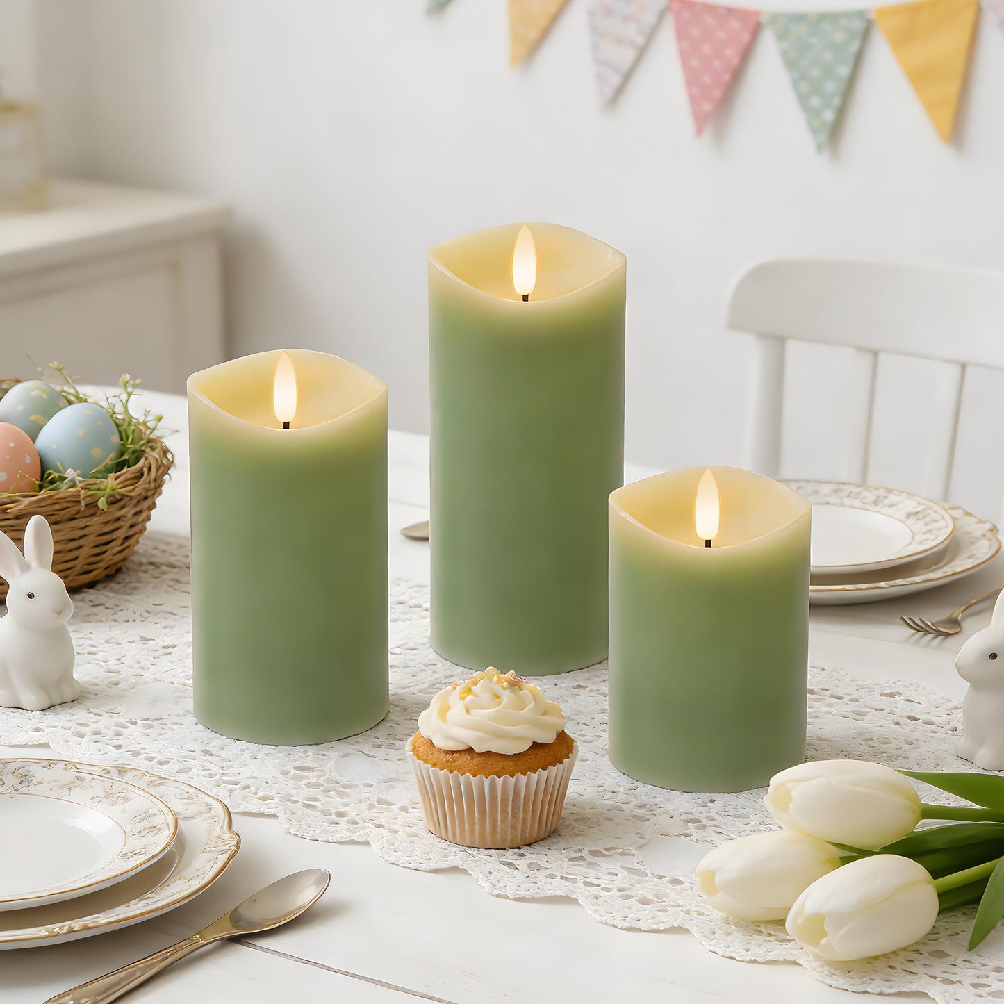 Velsyn Green Flameless Candles with Remote and Timer, Real Wax Made LED Pillar Candles Battery Operated with 3D Flickering Flame Melted Edge, 3" x 4",5",6", Set of 3 (Pastel Green)