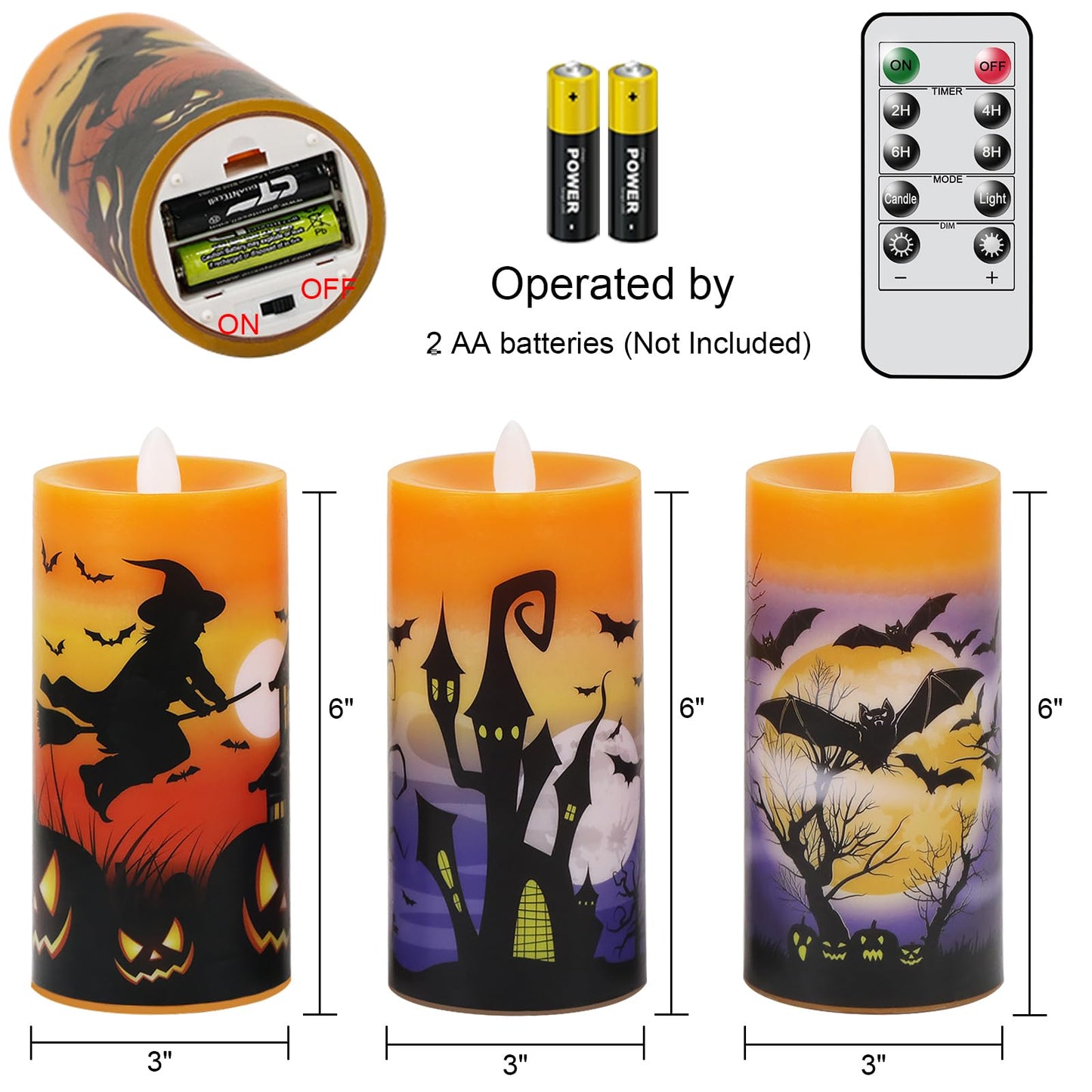 DRomance Halloween Flameless LED Candles Battery Operated with Remote and Timer, Real Wax Flickering Pillar Candles Flat Wick Dimmable Light Castle Witch Bats Holiday Decor(3 Pack, 3 x 6 Inches)