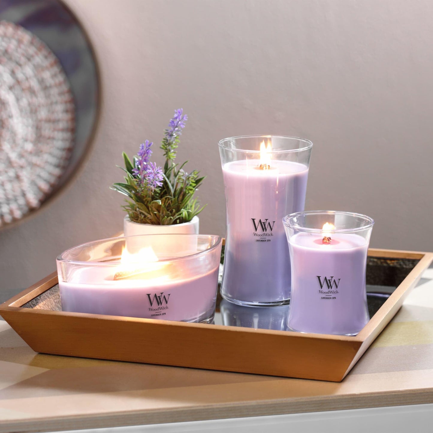 WoodWick Lavender Spa Gifts for Women and Men, 21.5 oz Large Hourglass Candle with Crackling Wick