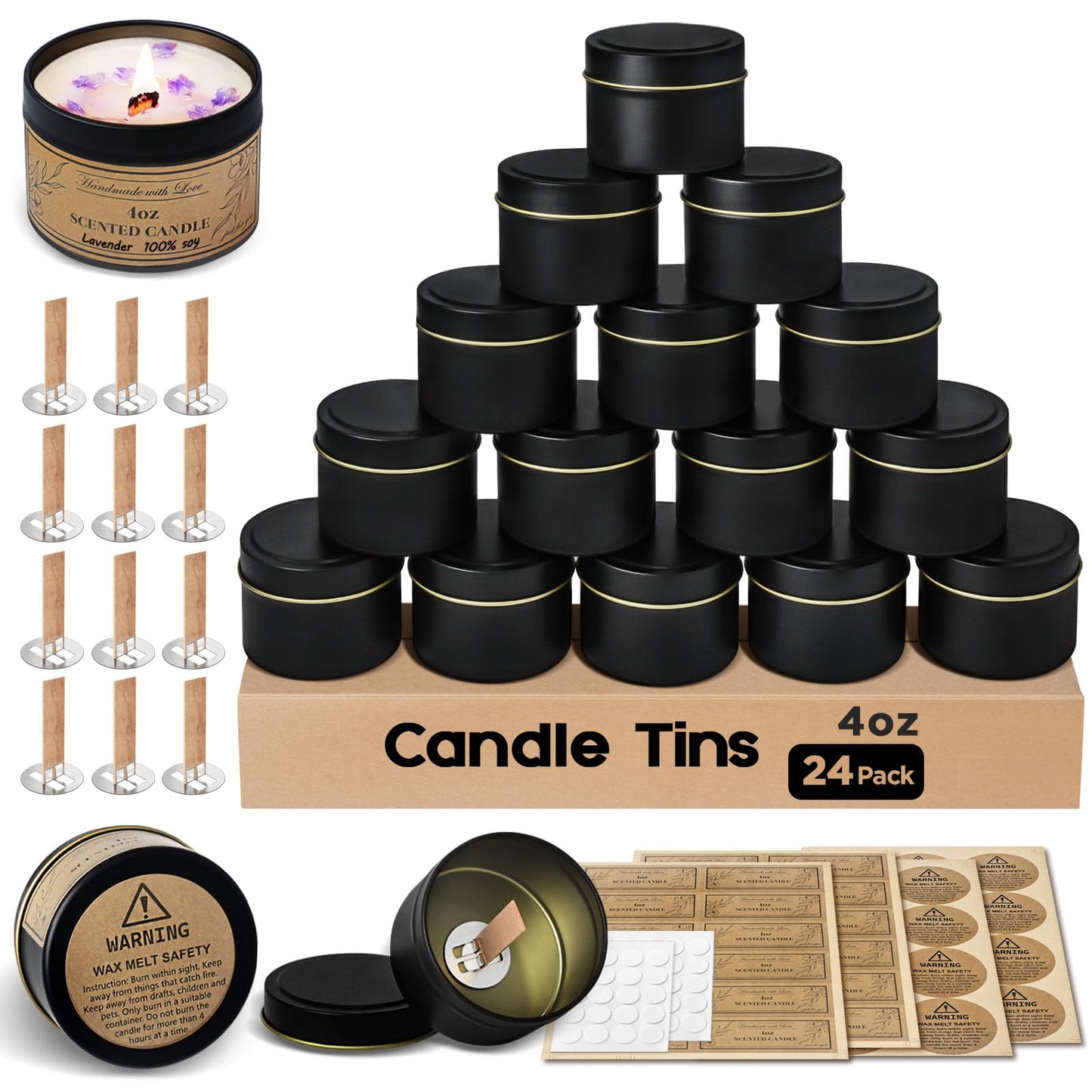 CollectHall 4oz Candle Tins with Lids, 24 Set DIY Candle Making Kit Includes Bulk Tins, Wood Wicks, Stickers, Wick Holders & Warning Labels for Small Business