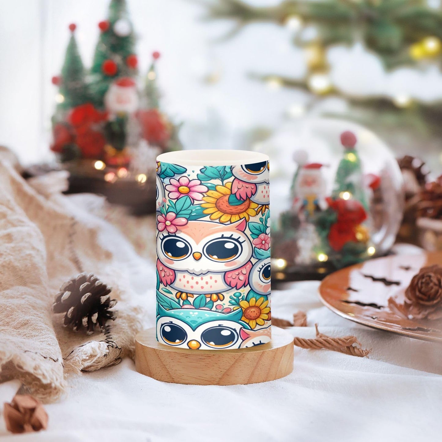 ALAZA Little Cute Owl Flowers Flameless Candles, LED Pillar Candles with Remote Timer, Battery Operated Candles Set of 2