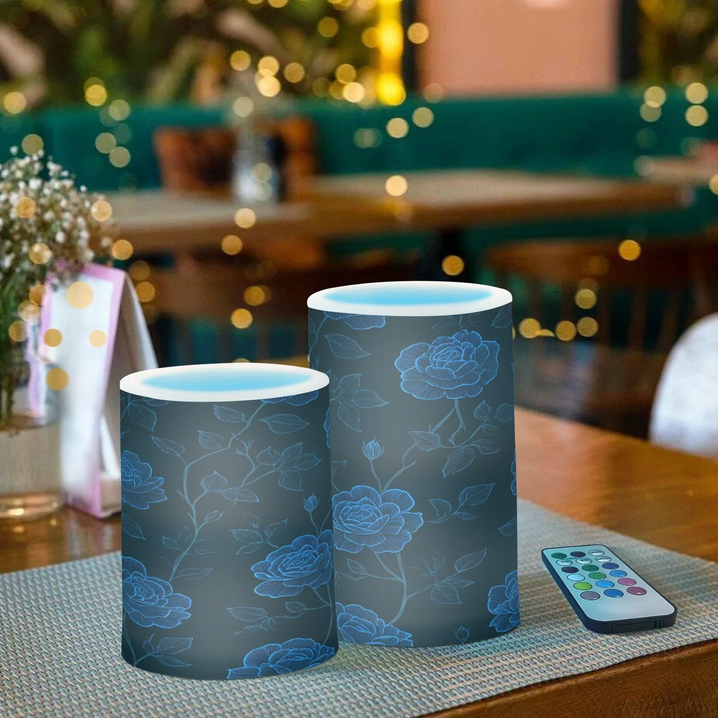 ALAZA Blue Rose Floral Flickering Flameless Candles Battery Operated with Remote Timer,Tea Light Candles LED Pillar Votive Candles Set of 2 for Outdoor Indoor Decorations