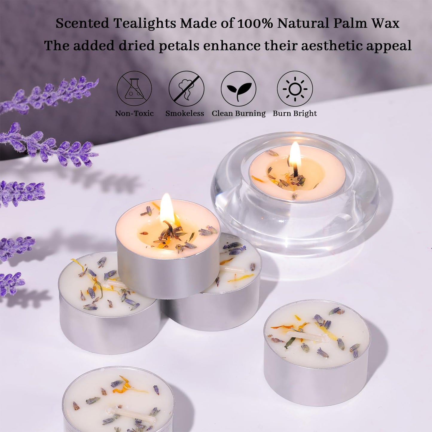 8 Pcs Lavender Scented Tealight Candles, 6H Long Burning - 100% Palm Wax Based Scented Tea Lights with Dried Flowers, Non-Toxic/Smokeless Tea Lights Candles for Spa, Bath, Wedding