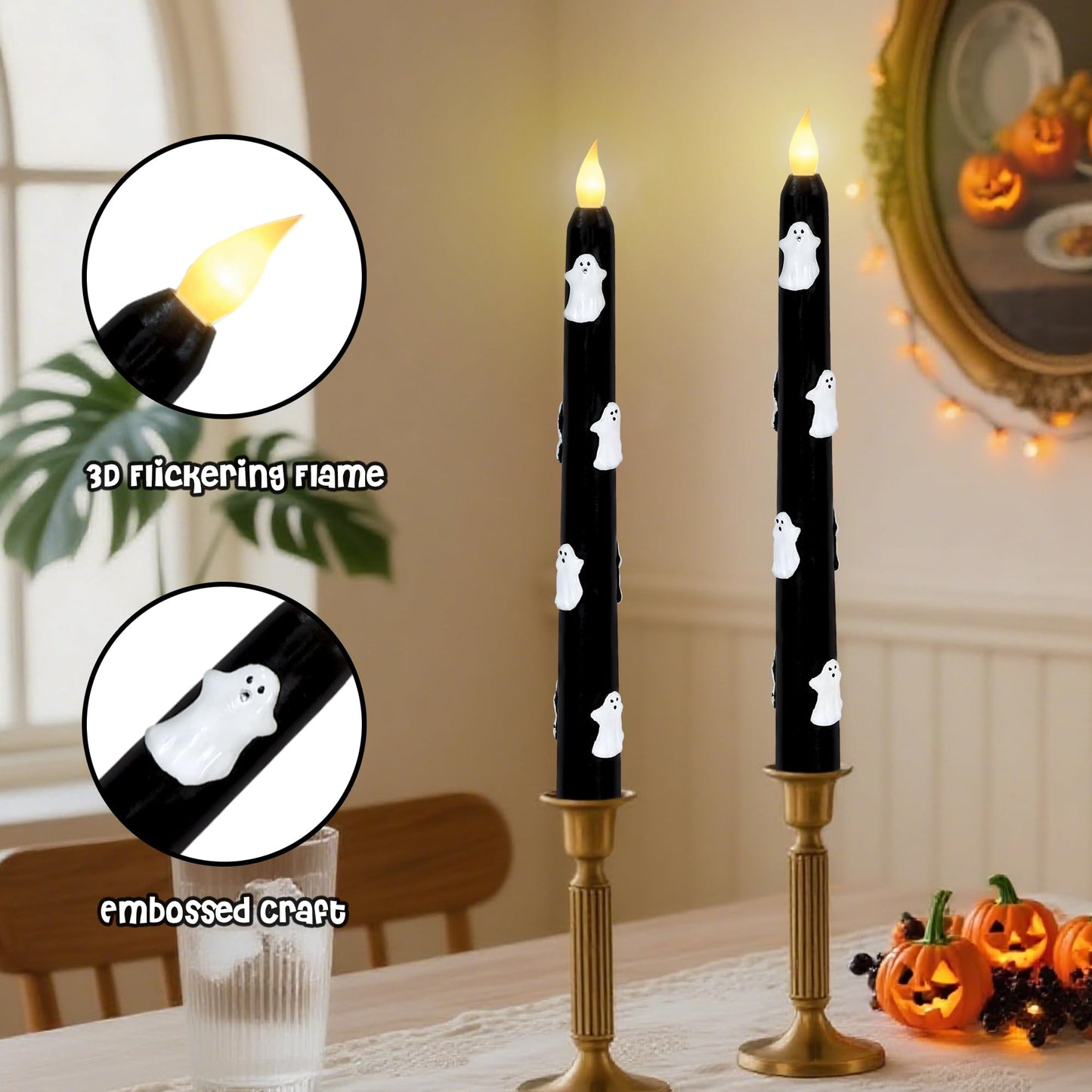Halloween Ghost Flameless Taper Candles with Remote & Timer, Real Wax Black LED Taper Candles for Home Haunted House Halloween Party Decorations, Set of 2