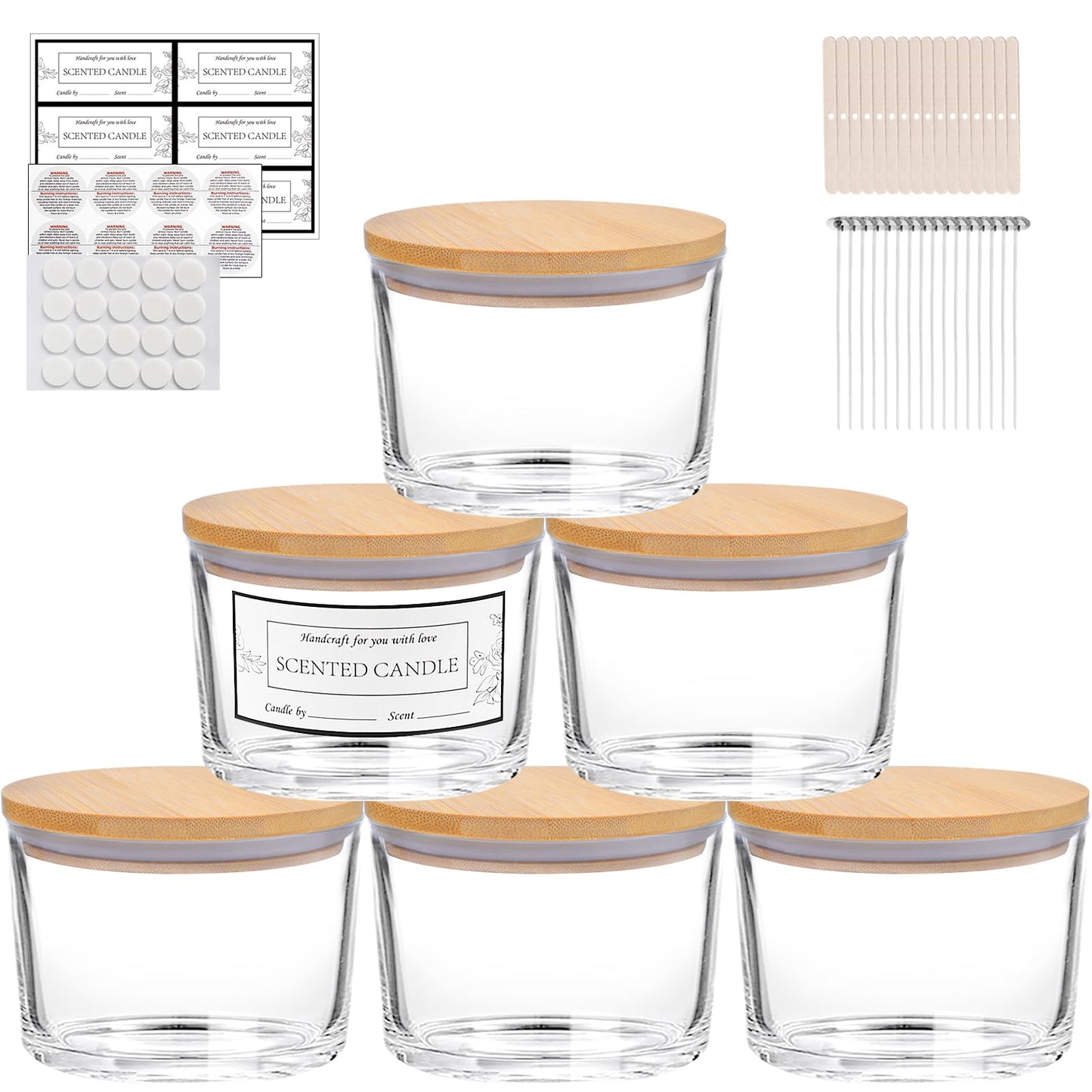 CONNOO 6-Pack 16 oz Candle Jars - 3-Wick Clear Empty Glass Wide Mouth Candle Jars Come with Bamboo Lids, Sticky Warning Labels, and a Candle Wick Kit for Candle Making - Dishwasher Safe