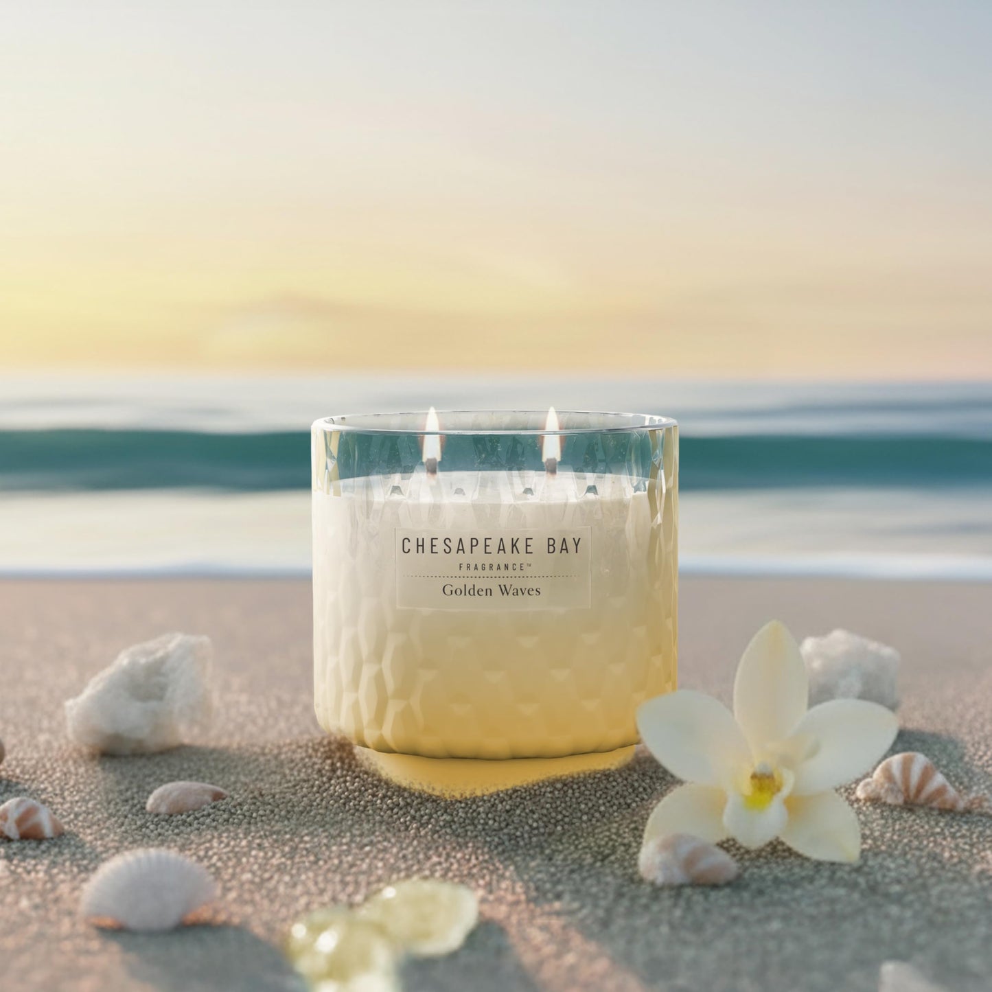 Chesapeake Bay, 11oz Golden Waves Scented Candle, Mood Evoking Fragrance, Textured Sea Glass-Inspired Jar, Premium Soy Blend Wax with Essential Oils, Coastal Fragrance for Home Décor or Gifting