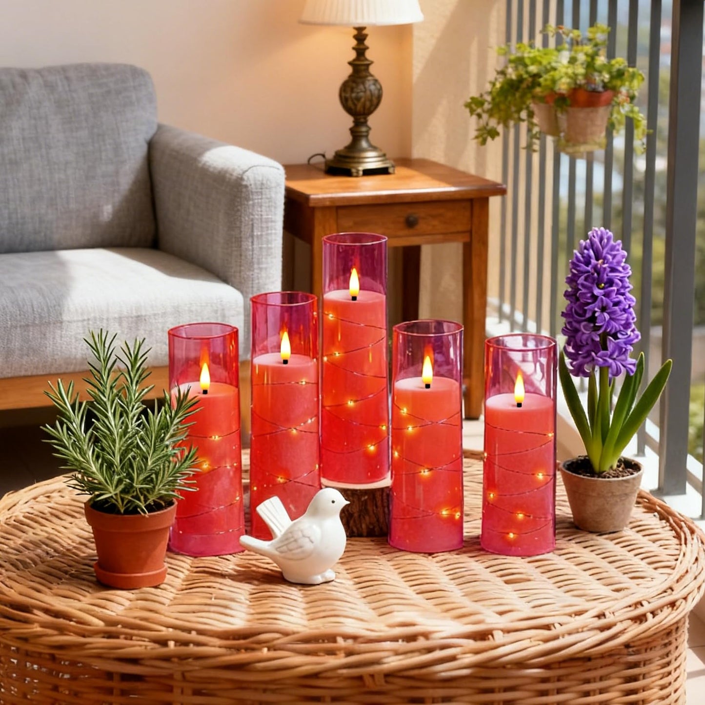 kakoya Flameless LED Candles with Timer 5 Pc Flickering Flameless Candles for Romantic Ambiance and Home Decoration Stable Acrylic Shell,with Embedded Star String，Battery Operated Candles(Pink)