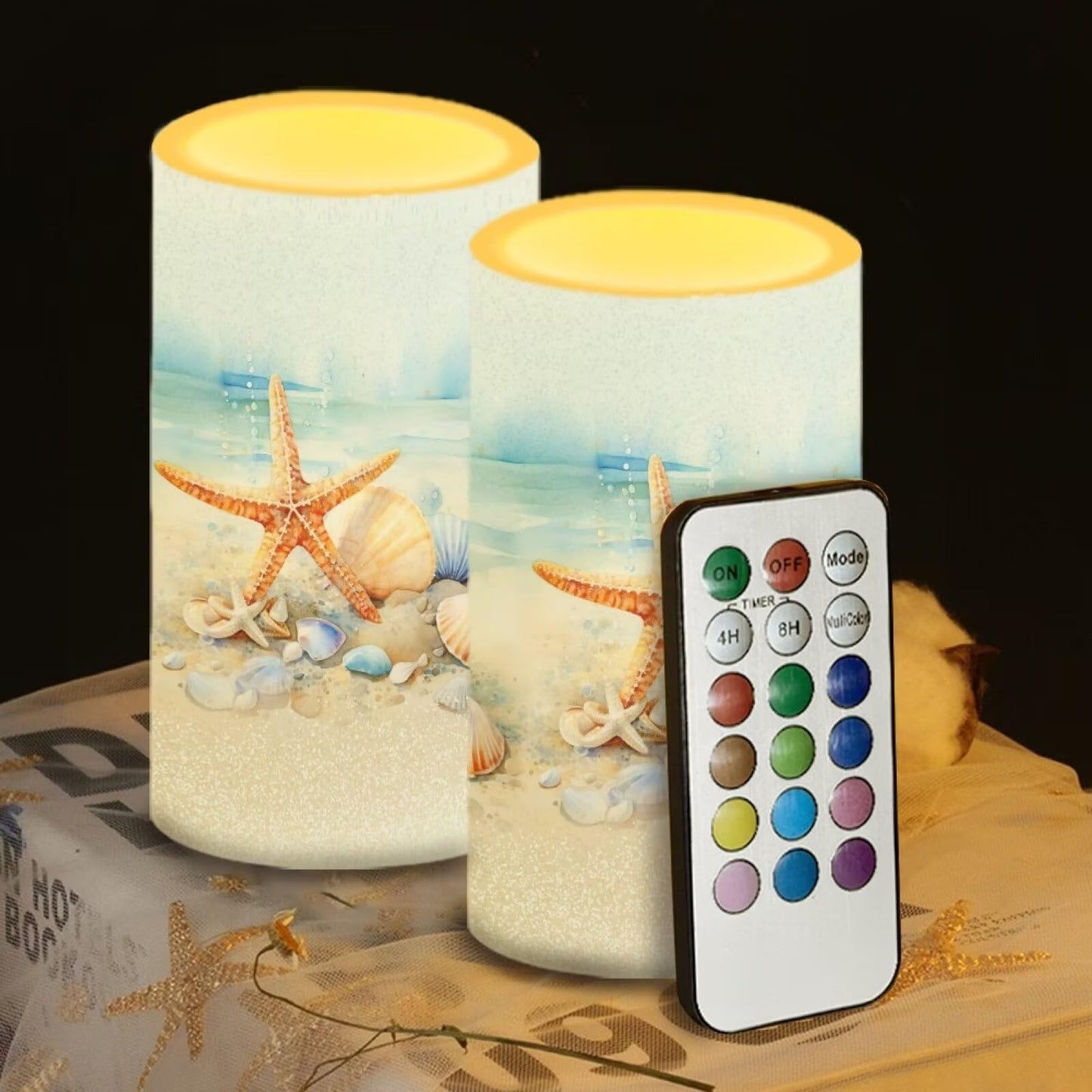 NETILGEN Flameless Candles LED Candles Electric Pillar Candles with Remote Timer Control Long Lasting for Indoor Outdoor Beach Themed Home Decoration Set of 2, Starfish Seashell Painting