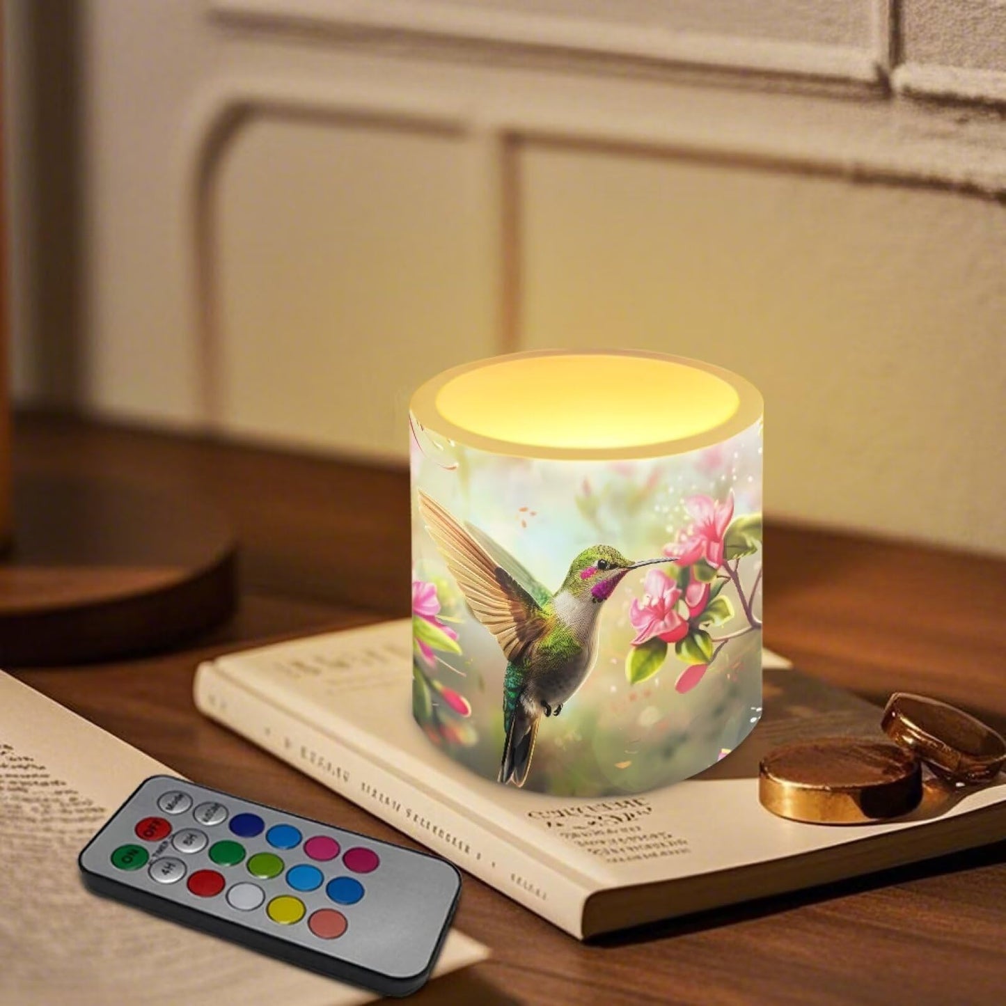 NETILGEN Floral Hummingbird Print Flickering Flameless Candles with Remote Timer Control Pack of 4 Battery Operated LED Pillar Candles 3 inch Flameless LED Candles