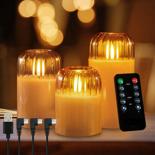 NICE POINT 3Pcs LED Candle Set Rechargeable with Remote Control,Gold Glass Flameless Candles,Candle Lights for Home Decor, Bedroom, Bathroom Accessories，Pumpkin Fake Candles for Halloween