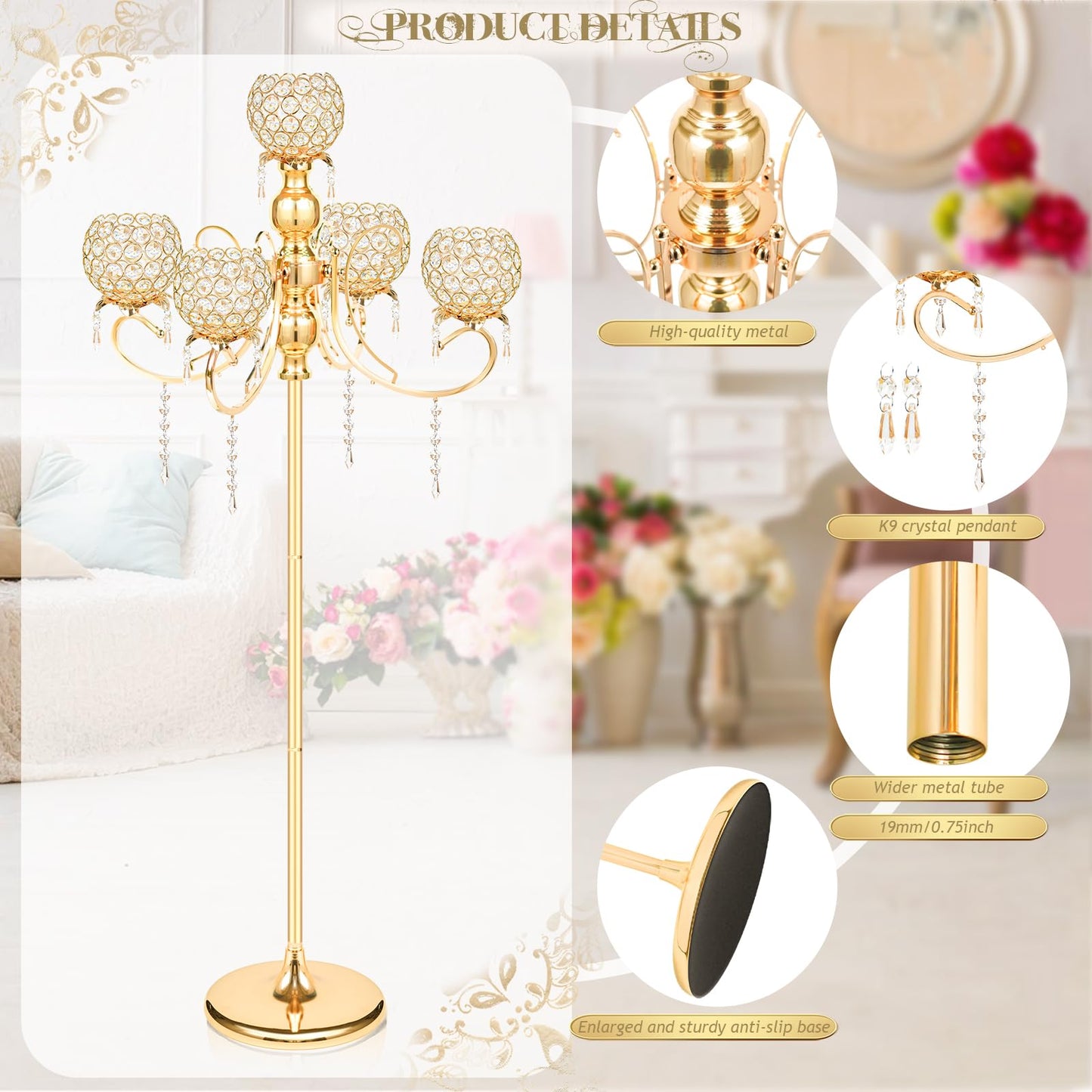 50" Tall Large Elegant Crystal Candelabra/Candlestick Holder Centerpiece for Weddings, Parties & Reception Decoration, Tealight Tray & Gorgeous Floor Candelabra Home Decor(Gold-1pc, 5-Arm)