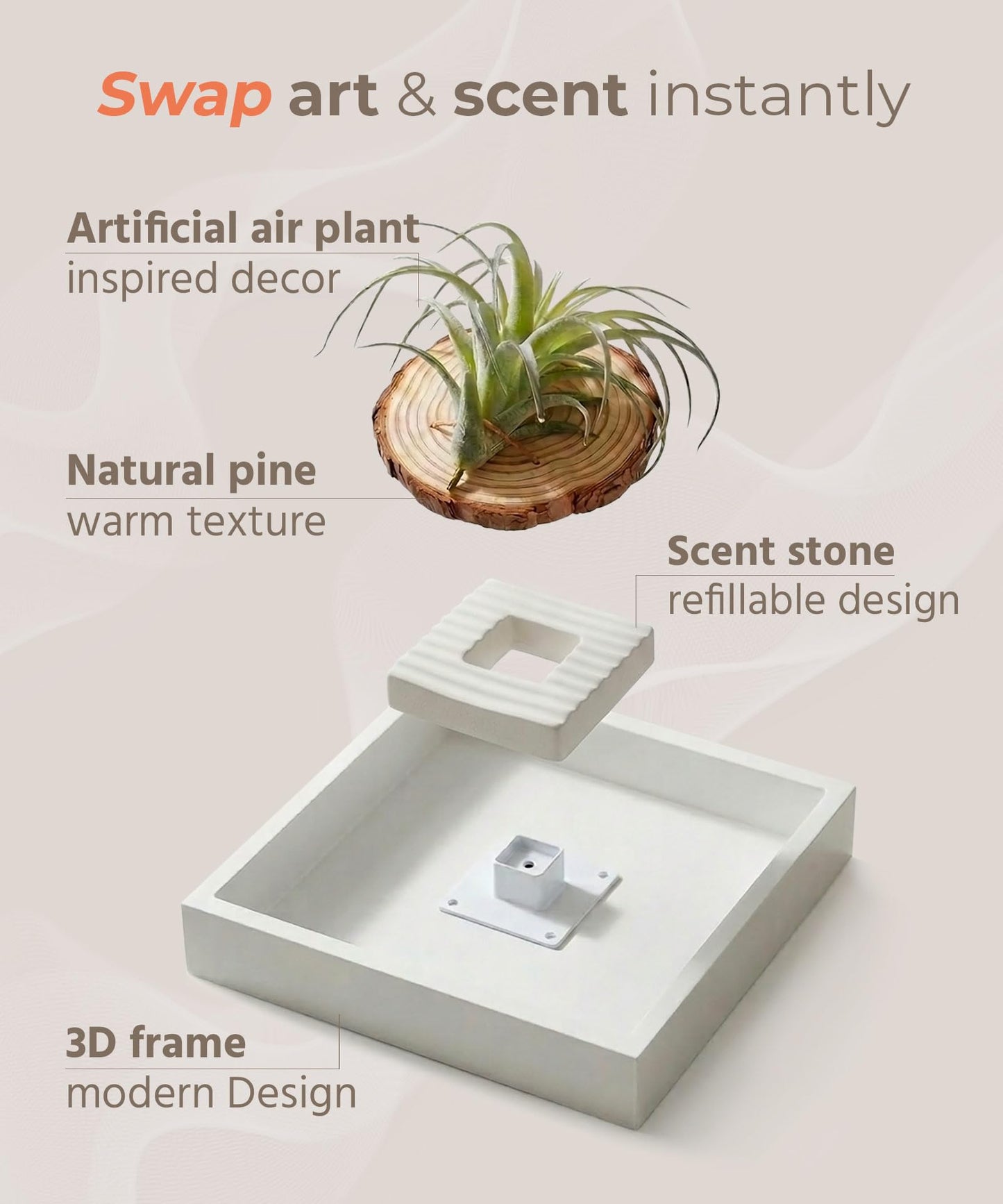 arscent Faux Air Plant Bathroom Wall Decor with Scent Stone Diffuser, Decorative Air Freshener, 3D Botanical Wall Art for Bedroom, Entryway & Small Spaces, Green Tillandsia Ionantha