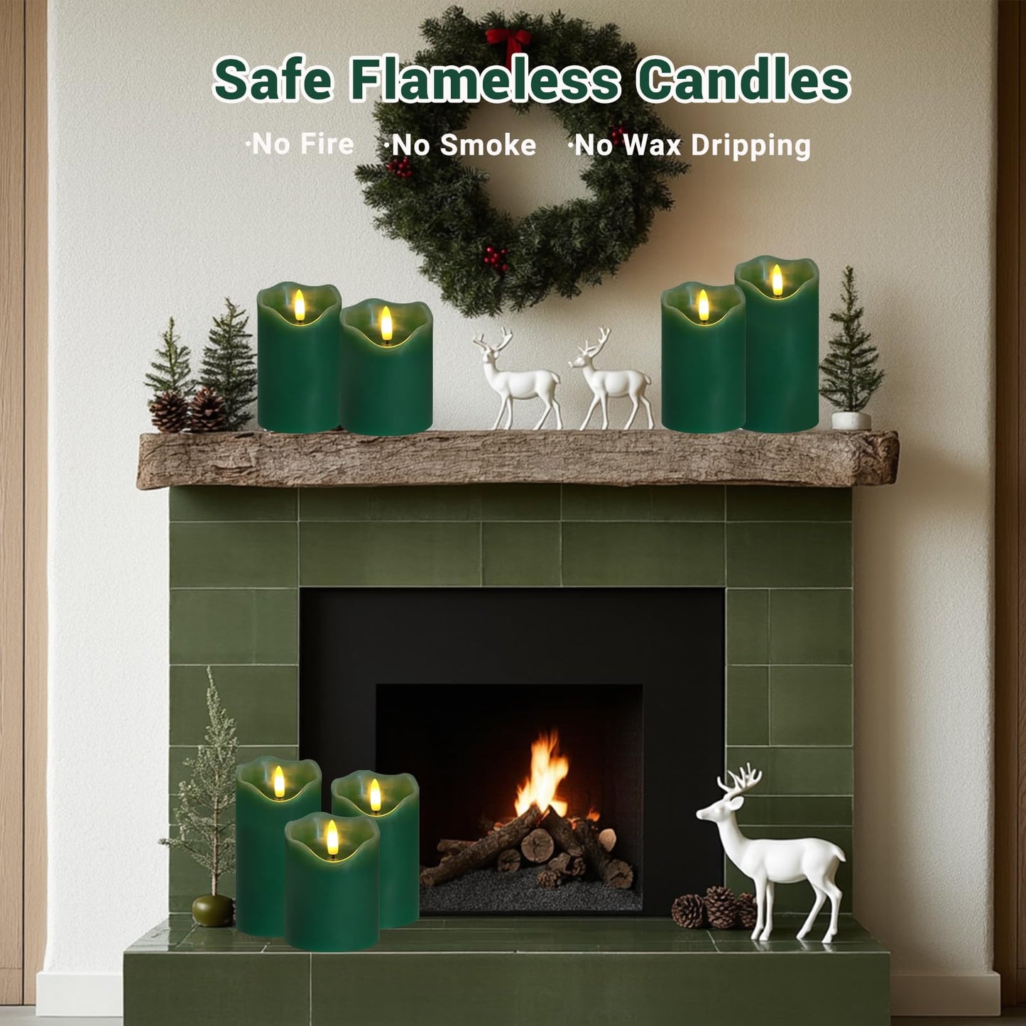 Flickering Flameless Candles, Set of 3 Green LED Candle Light with Remote & Timer, Battery Operated Electric Pillar Candle by Real Wax Dimmable Fake Candles for Home Falll Halloween Decor (Green)