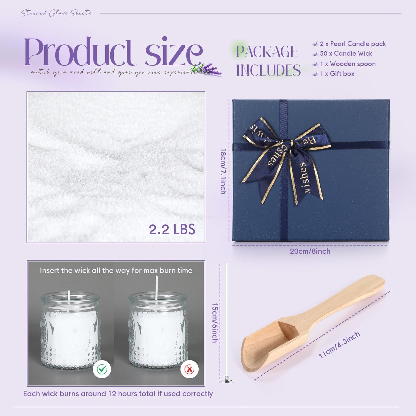 MTLEE Pearled Candle 2.2 Lb/35oz Mother's Day Mom Gifts Scented Sand Candle Kit Include 50 Wicks, Bow Gift Box, Spoon Reusable Pearled Wax for DIY Home Kit(Lavender)