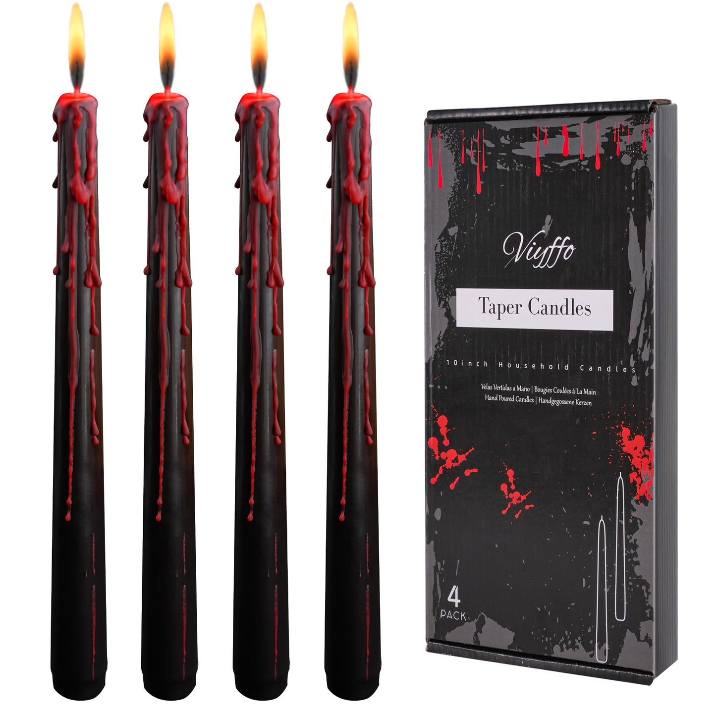 Viyffo Black Drip Taper Candles, 10 Inch Vampire Blood Bleeding Candles Set of 4, Unscented Long-Burning Gothic Candlesticks for Horror Movie Night, Dark Romance & Party Decor