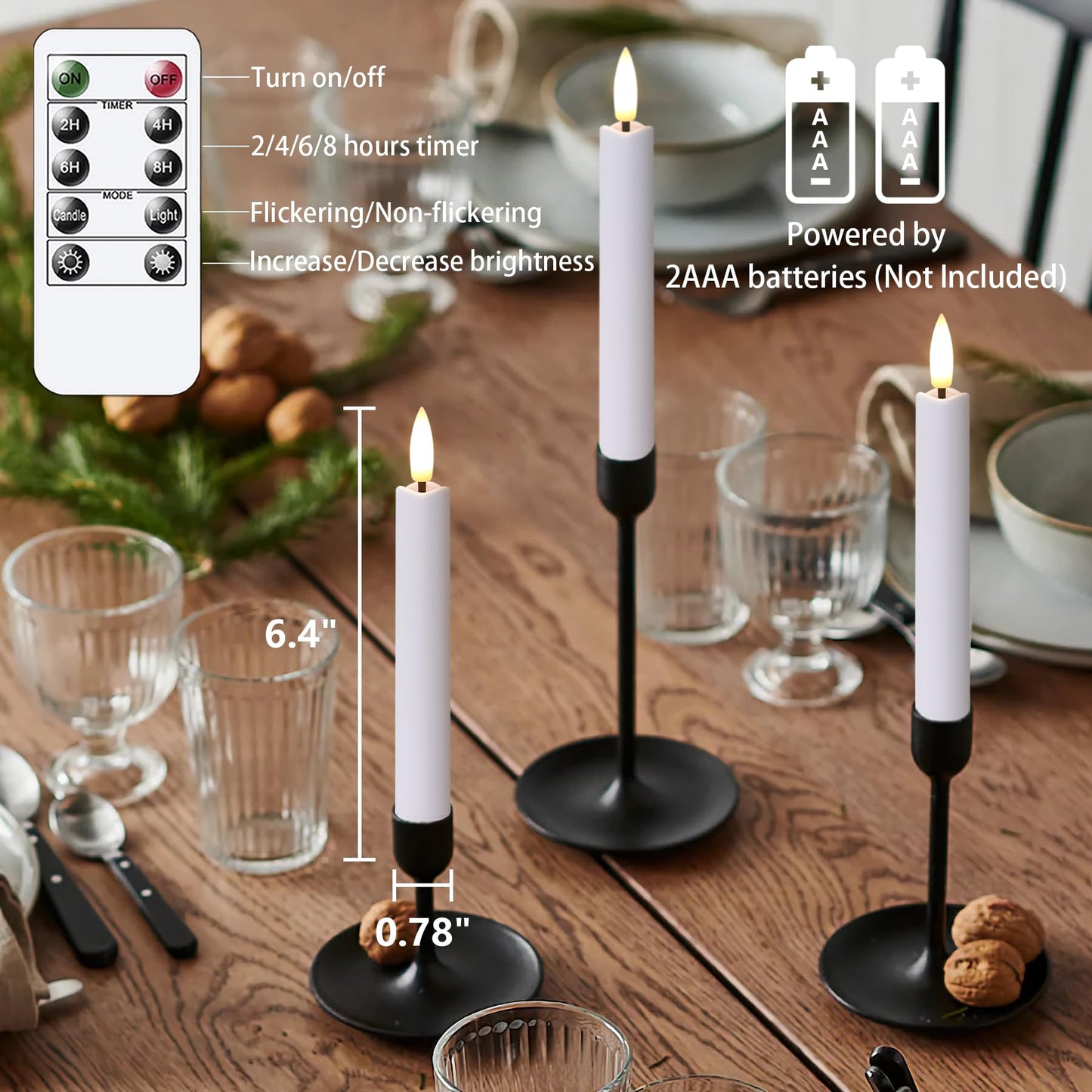 Yeelida Battery Operated Flameless Taper Candles with Two Remote Timer, 6.4" LED 3D-Wick Window Candles, Flickering Long-Lasting Warm Light Electric Pack of 6 Flameless Candlesticks (0.78" Dia, White)