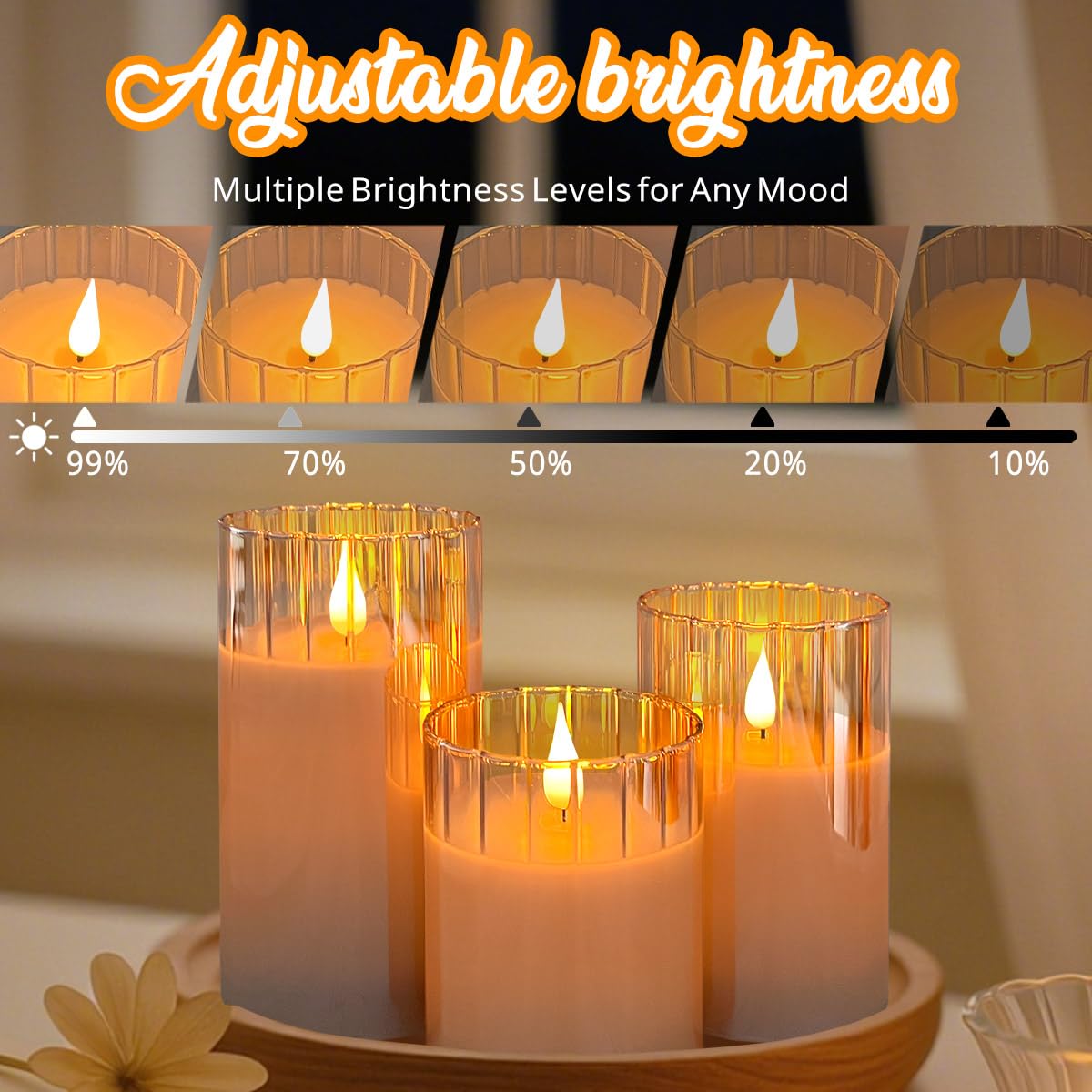 LEDHOLYT Rechargeable Flameless Candle, Flashing LED Pillar Real Wax Candle with Remote Control and Timer, Gold Stripes Glass Electronic Candles for Room Decoration, 1 Set of 3