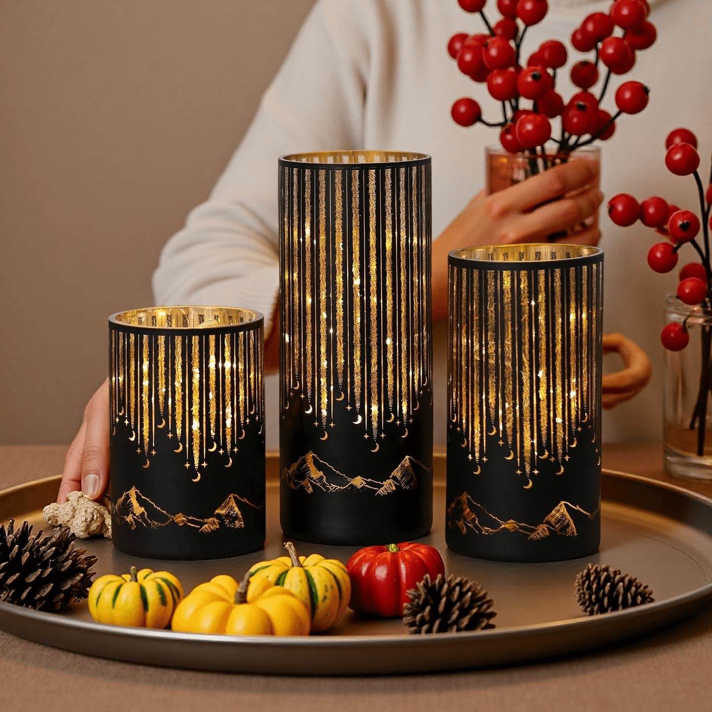Ashroder Starry Night Elegant Hurricane Candleholders with LED Flickering Lights & Remote Timer, Decorative Glass Hurricanes for Indoor Table Centerpieces & Year-Round Home Decor, Set of 3 (Black)