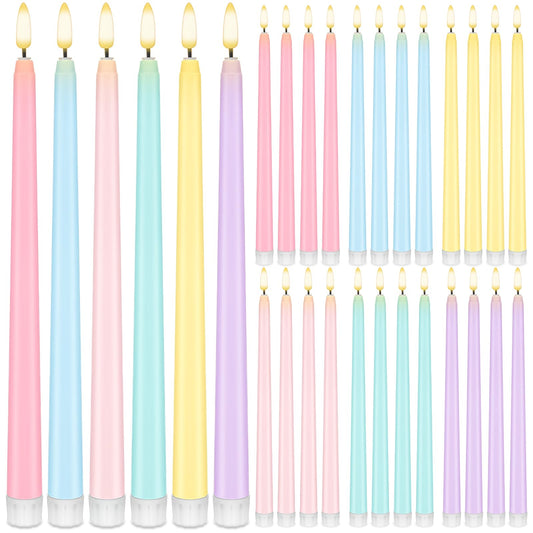 Baquler 24 Pcs 11'' Pastel Flameless Taper Candles Colorful LED Candle Sticks Colored Battery Operated Candle Pink Plastic Flickering Candlestick for Easter Wedding Birthday Dinner Table Party Decor