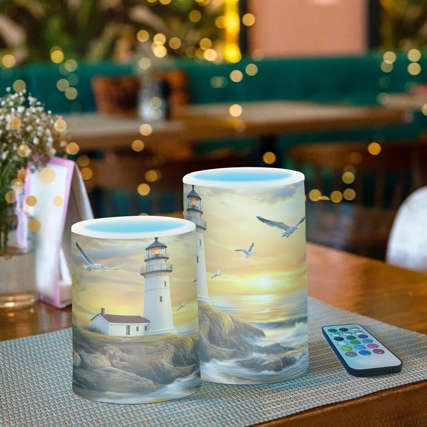 WEVIBOFU Lighthouse Ocean Seagulls Sailboat Flickering Flameless Candles LED Battery Operated with Remote Timer Pillar Candles for Home Birthday Wedding Christmas Decor, Set of 2