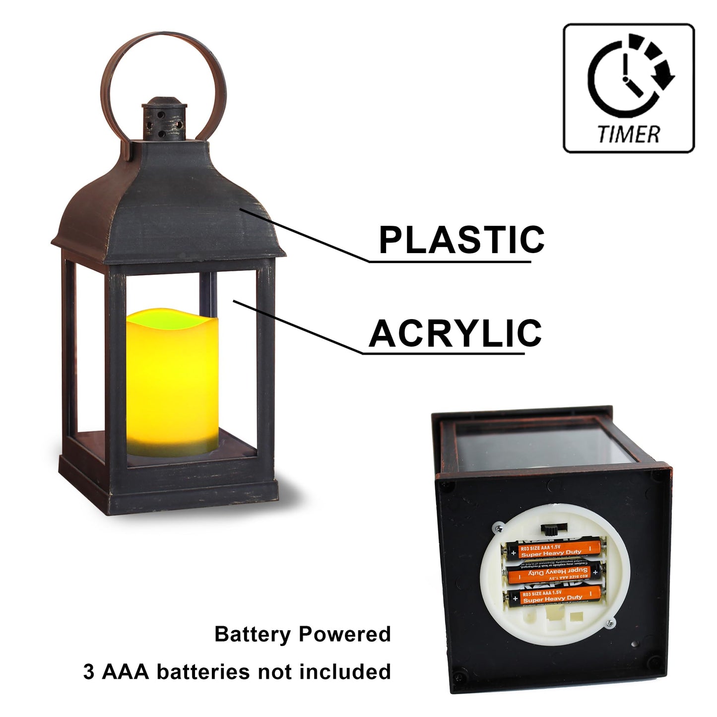 WRalwaysLX 2pack Decorative Lantern with flameless LED Candle Light, ON/Off/Timer Candle with 6Hours, Outdoor/Indoor LED Lantern, Use AAA Battery(not Include) Bronze Plastic (4x9)