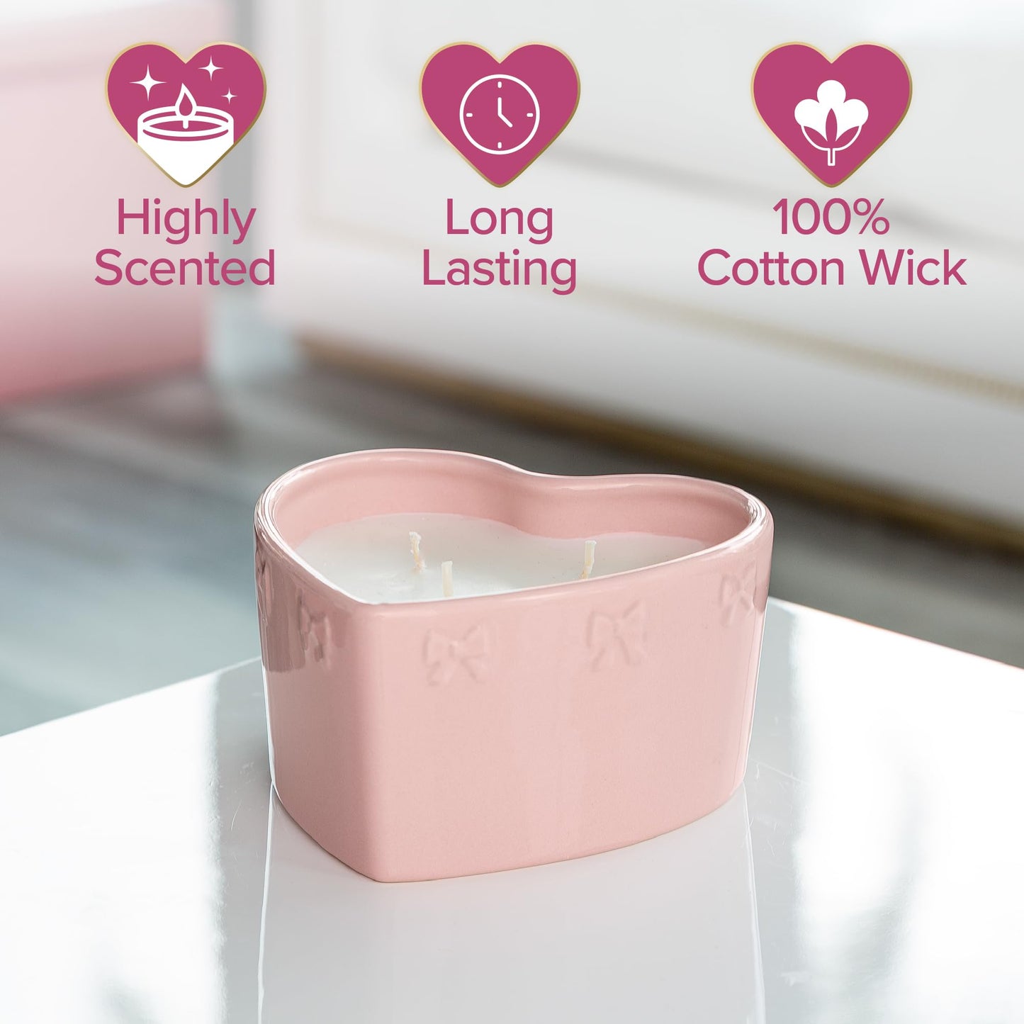 Paris Hilton Pink Spritz Scented Candle, Pink Heart-Shaped Ceramic Vessel with Embossed Bow Detail, Premium Plant Wax Blend, 3-Wicks, 12-Ounce