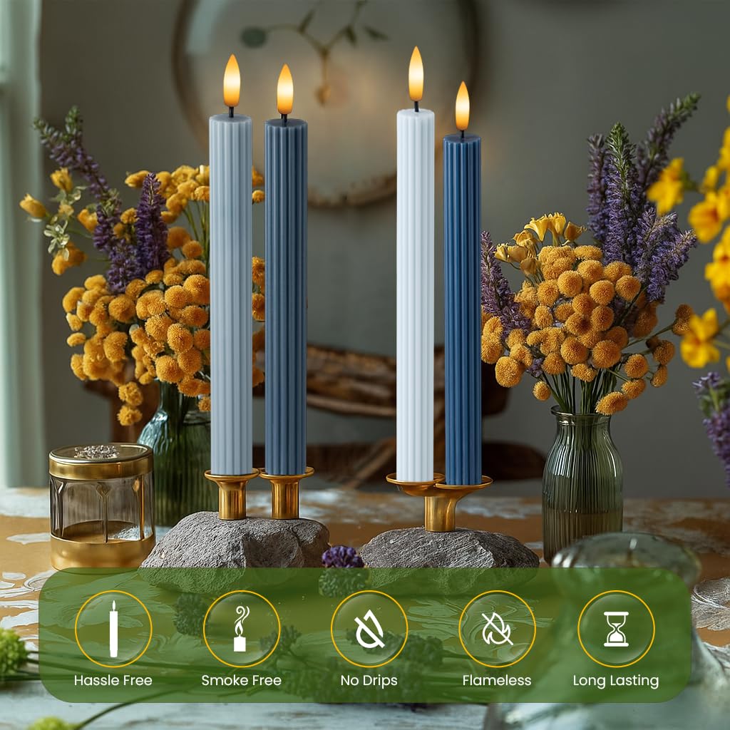 WYZworks Coordinated Blue Dawn Overcast Blues 4 Pack, 10" Real Wax LED Flameless Fluted Ribbed Grooved Taper Candles, Remote & Timer Memory, On/Off Button, Dimmable, Battery Operated, Menorah Wedding