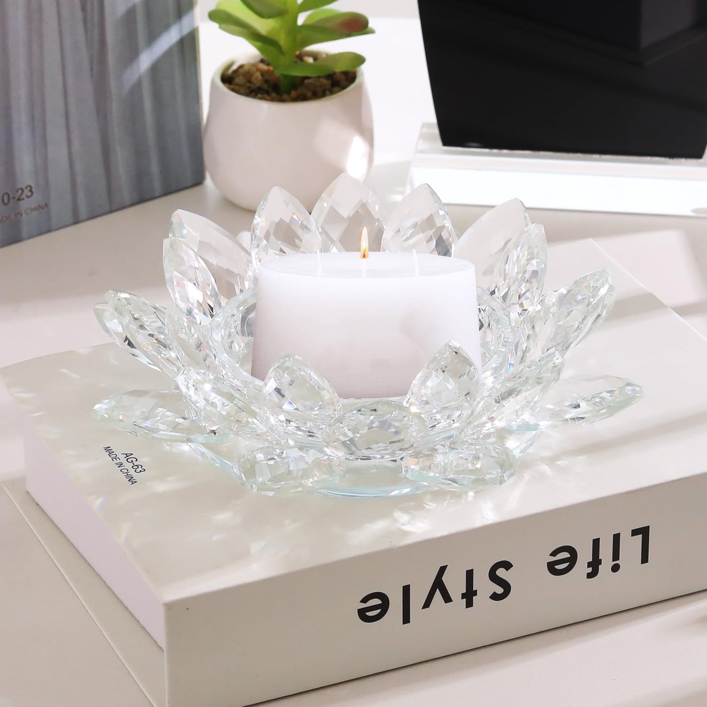 Crystal Lotus Flower Tealight Candle Holder, Clear, 7.48in