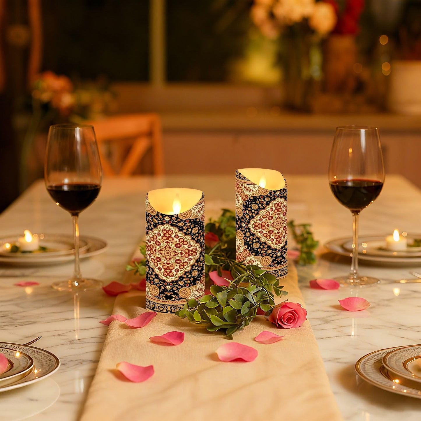 Gravopti Oriental Medallion 2 Pack Flameless LED Pillar Candles with Remote & Timer, Battery Operated, Flickering Wax Candle for Wedding, Romantic Home & Party Decor