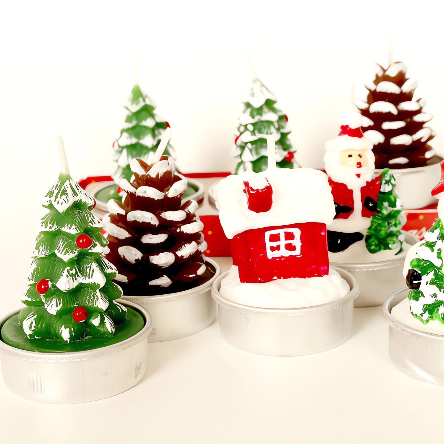 3 Pieces Tealight Candles Handmade Delicate Santa Hat Claus Christmas Tree Candle Wax Snowman Elk Pinecone House Candles for Party Wedding Spa HomeChristmas Decoration