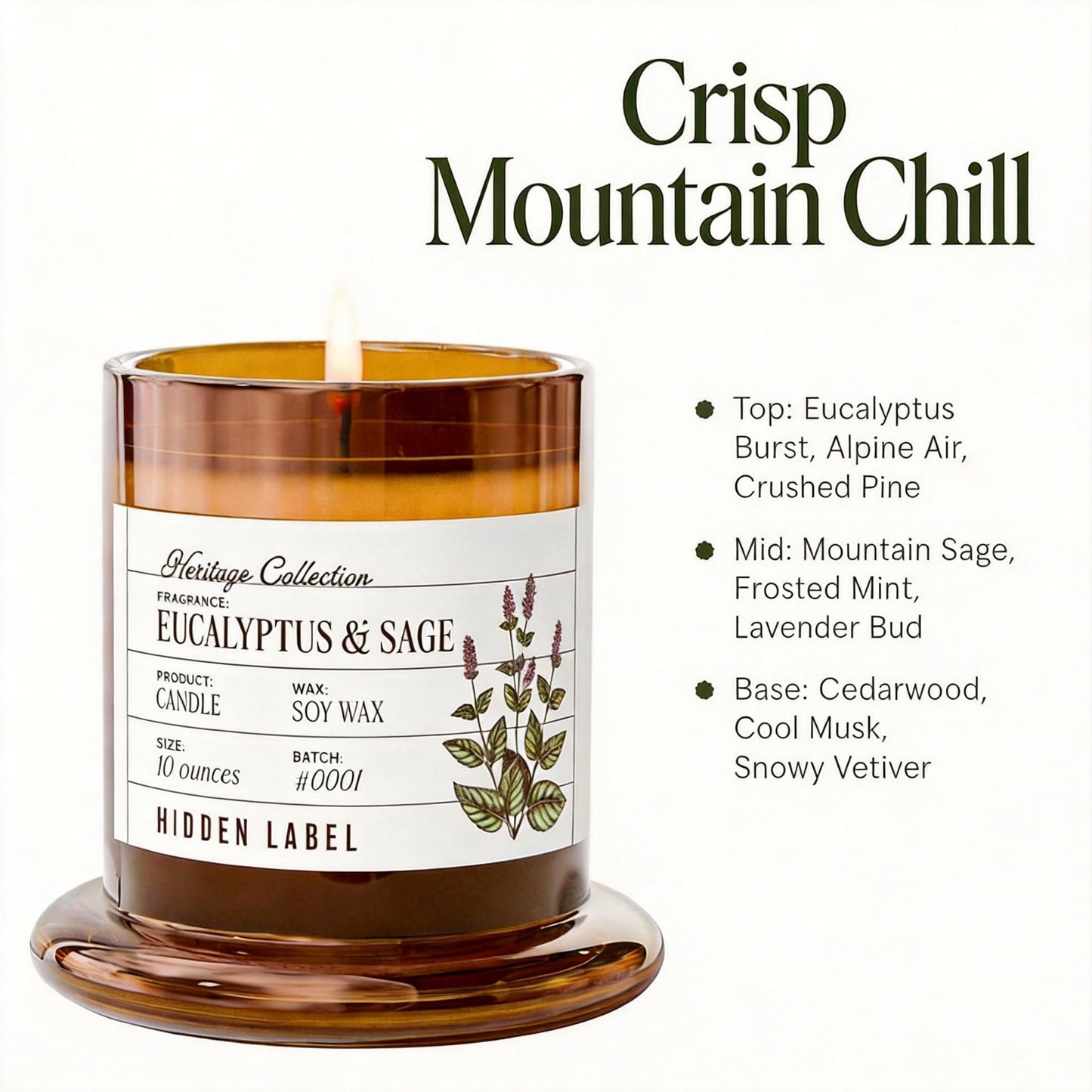 Eucalyptus & Alpine Sage Candle, 10oz Non Toxic Soy Candle in Clear Bell Jar, 55-Hour Clean Burn | Mountain Fresh Aromatherapy, Laboratory Aesthetic Home Décor, Luxury Gift for Clean Living