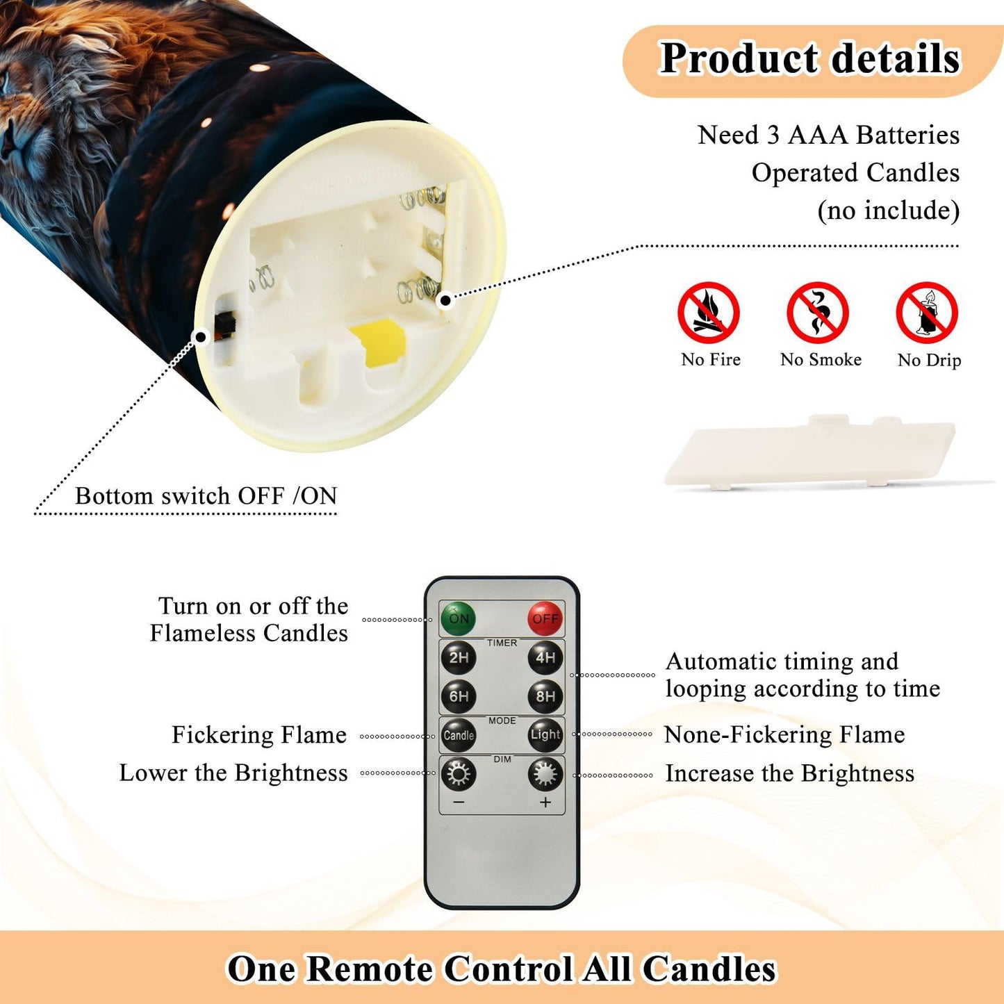ALAZA Lion in The Night Flameless Candles with Remote Timer,LED Flickering Battery Operated Electric Pillar Tea Light Candles for Wedding Table Christmas Decorations 3" x5.9"